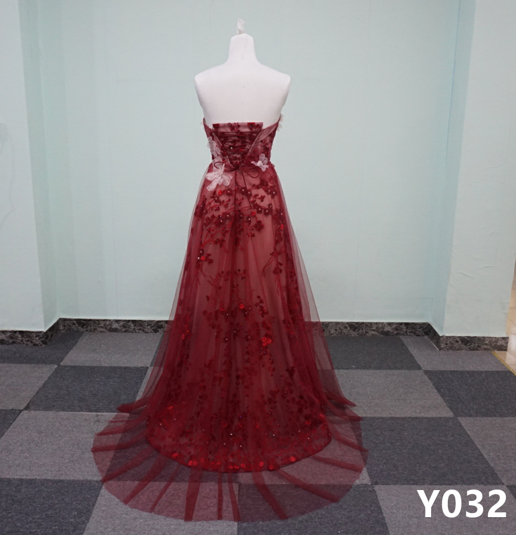 Y032 A-line Plunge Evening Gowns Red Bridesmaid Dresses