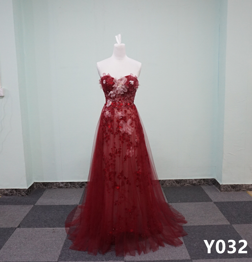 Y032 A-line Plunge Evening Gowns Red Bridesmaid Dresses