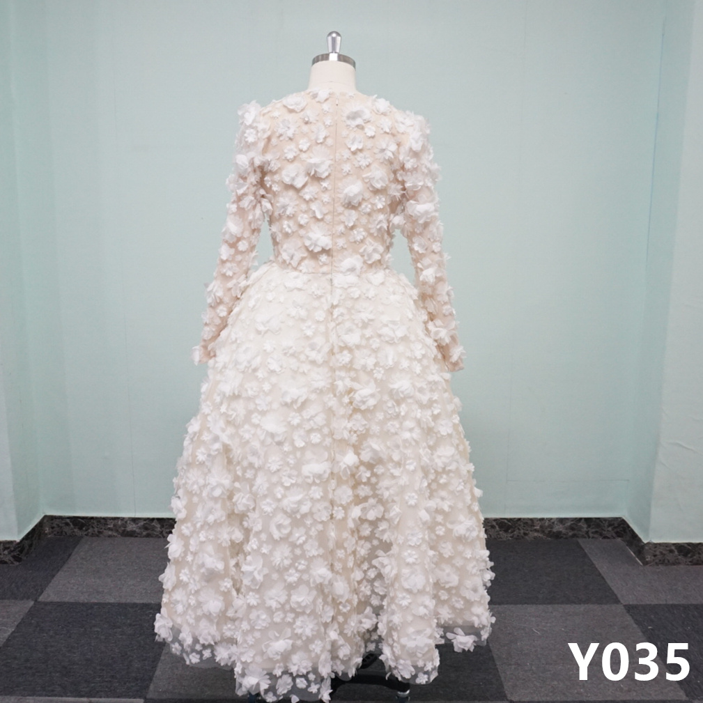 Y035 V-neck A-line Floral Long Sleeve Short Bridal Gowns