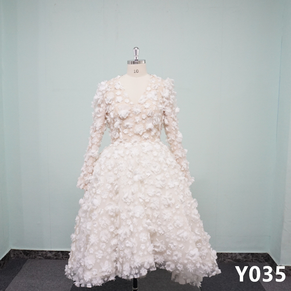 Y035 V-neck A-line Floral Long Sleeve Short Bridal Gowns