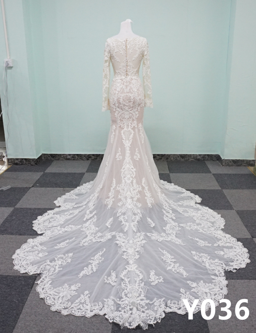 Y036 Long Sleeve Deep V Neck Sexy See Through Mermaid Wedding Dresses
