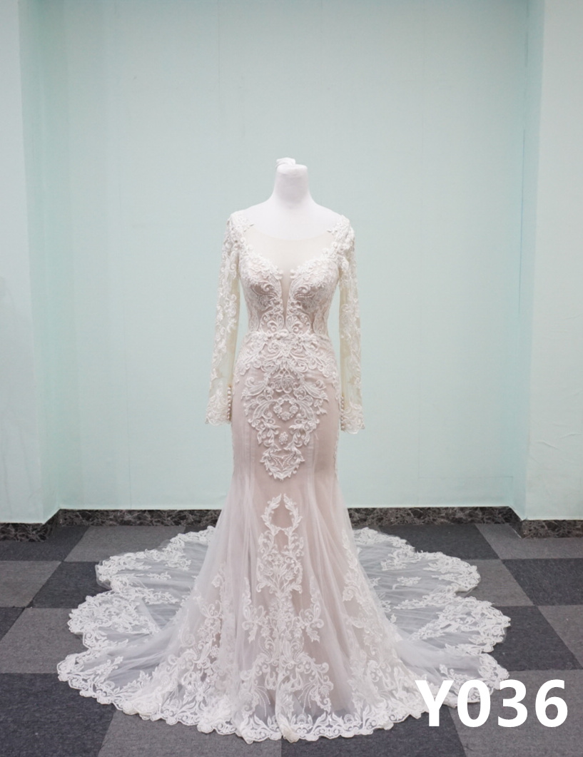 Y036 Long Sleeve Deep V Neck Sexy See Through Mermaid Wedding Dresses