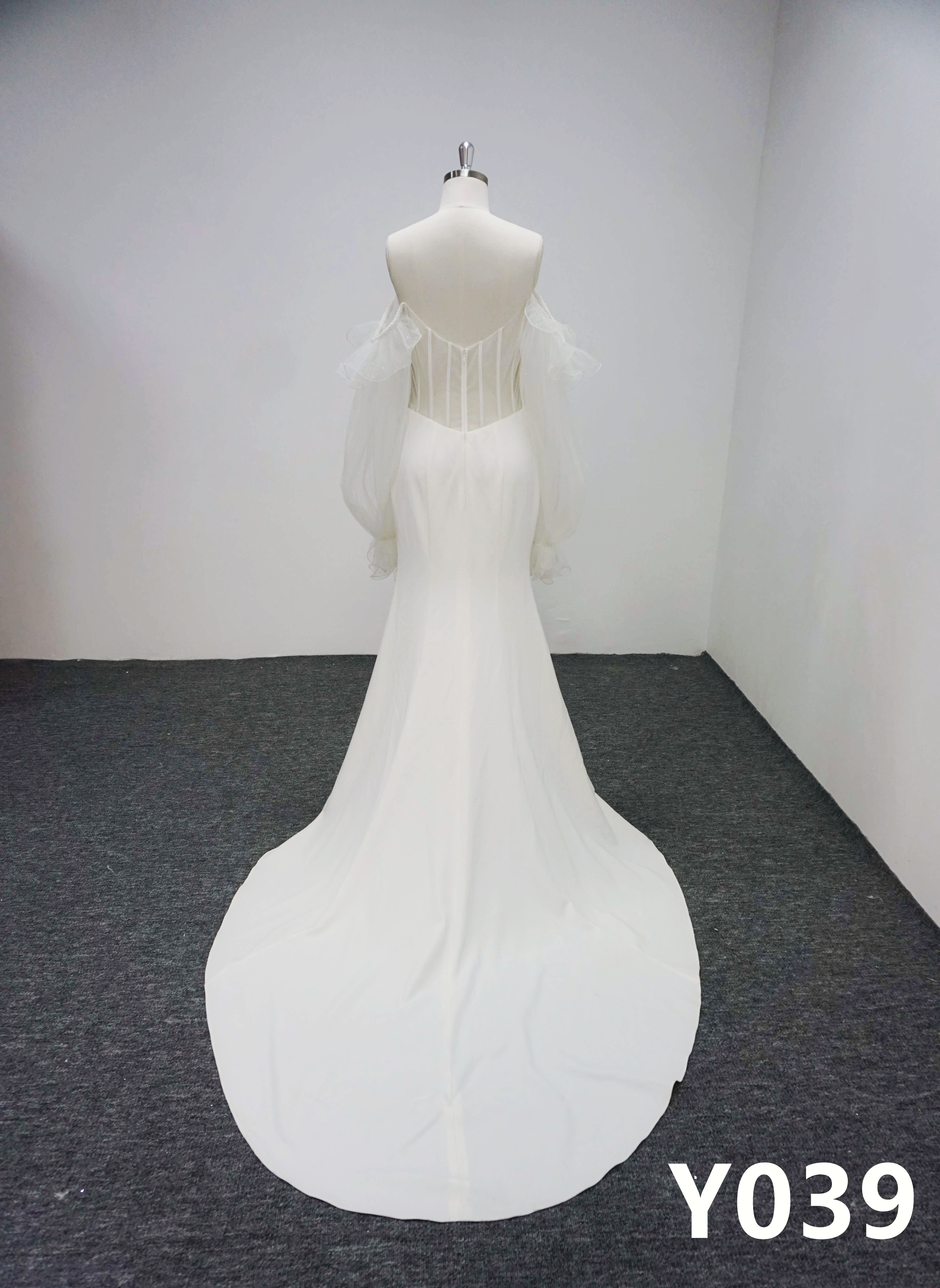 Y039 Tulle Long Sleeve Strapless Beaded Mermaid Wedding Dress