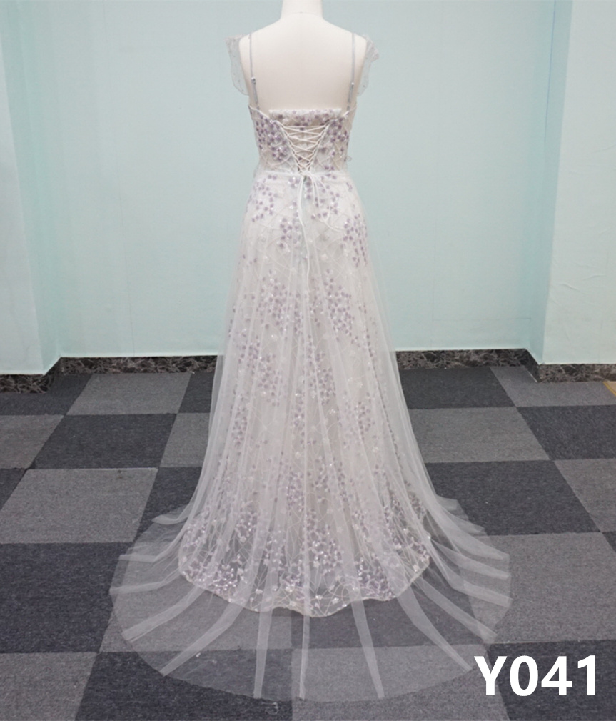 Y041 A-line Gown Light Purple Lace Spaghetti Strap Evening Gowns
