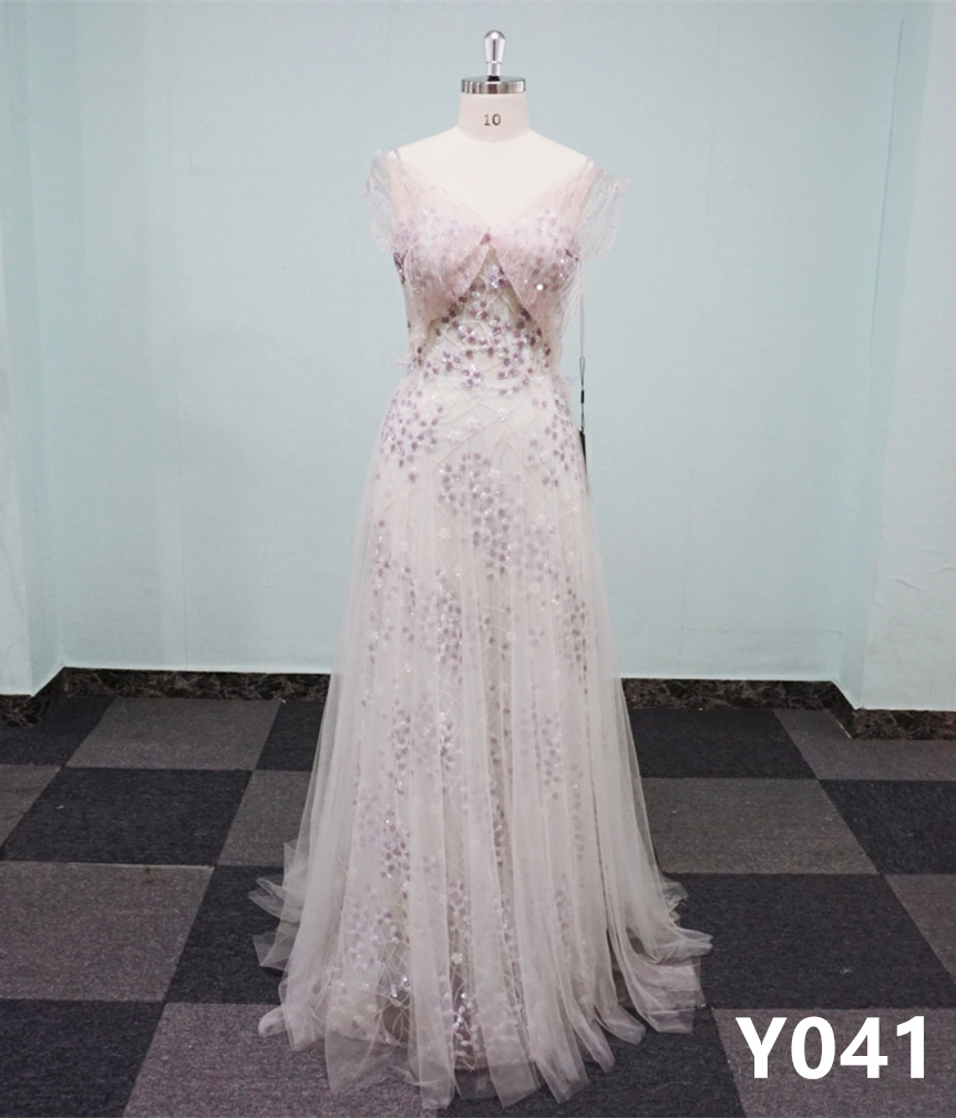 Y041 A-line Gown Light Purple Lace Spaghetti Strap Evening Gowns