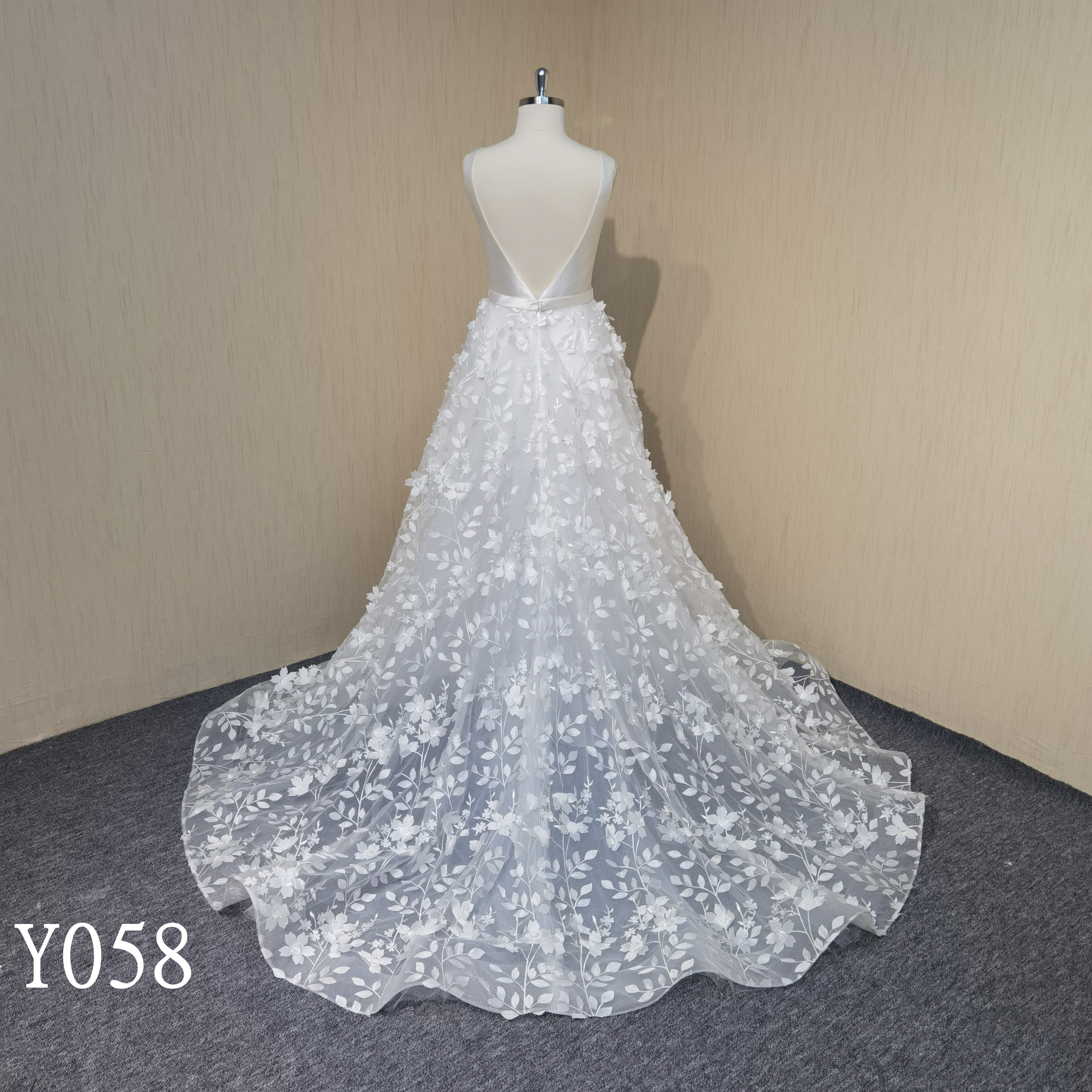 Y058 Mikado A-line Flower Deep V-Neck Bridal Wedding Dresses