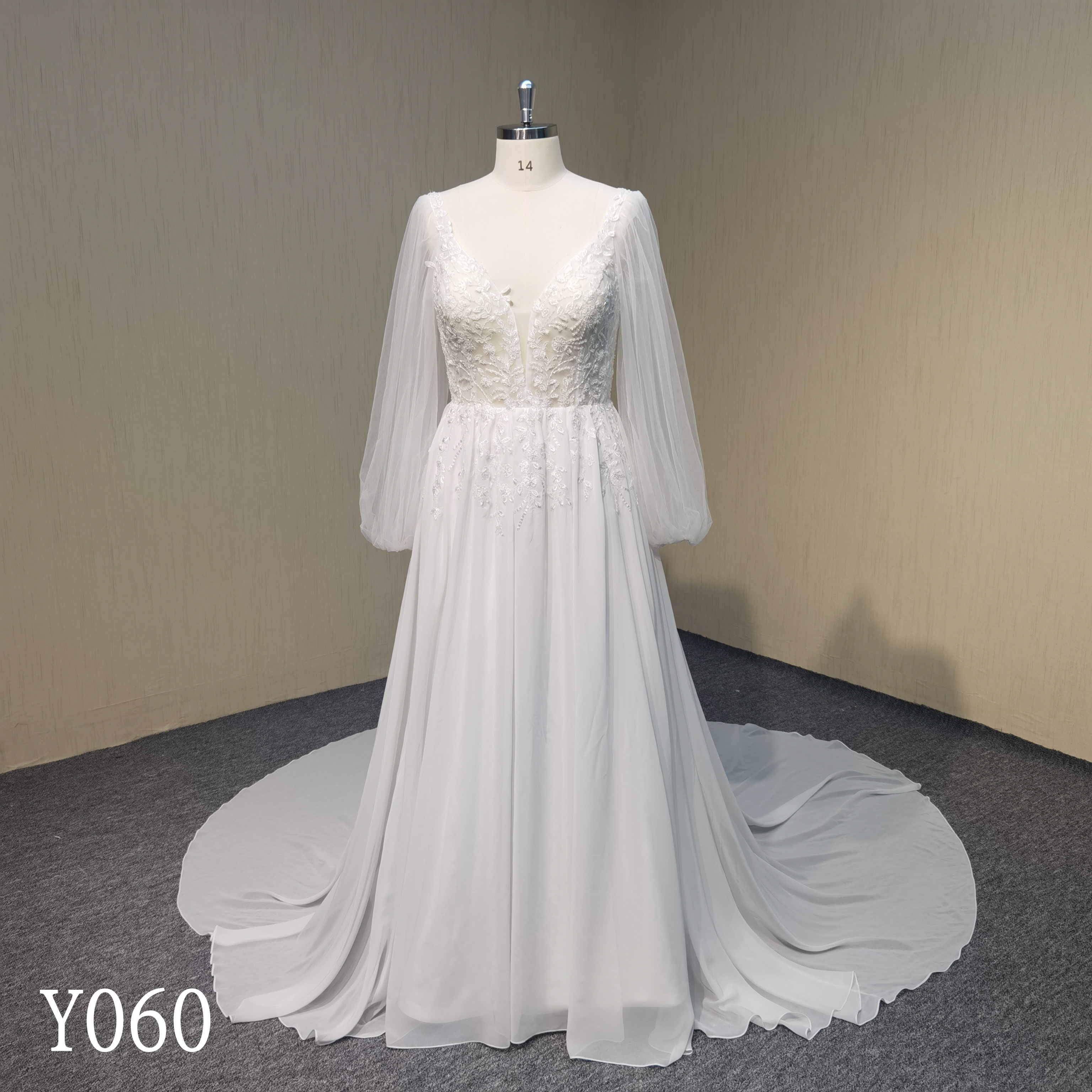 Y060 Long Sleeve V-Neck Chiffon A-Line Bridal Wedding Dresses