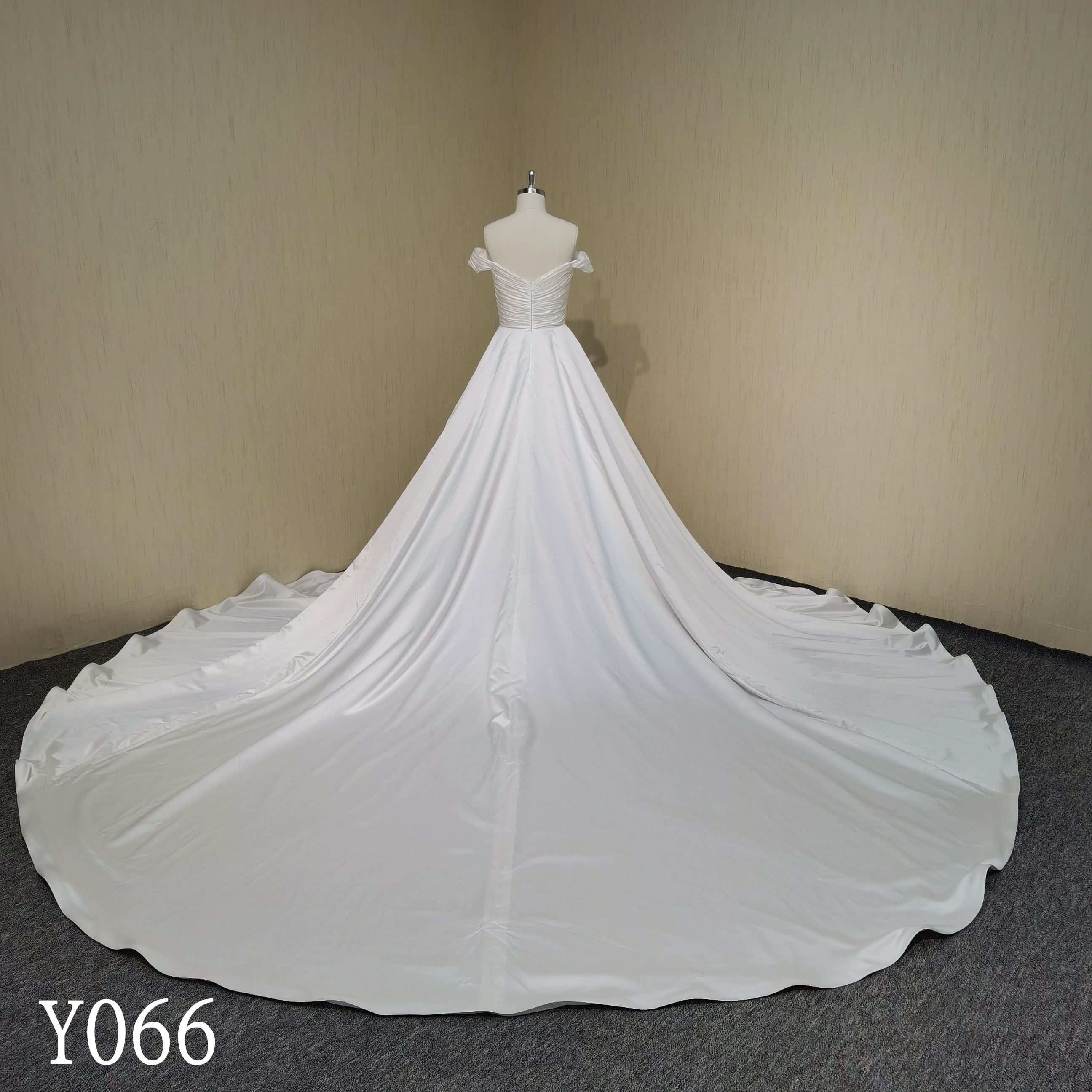 Y066 Satin Strapless Pleated A-Line Wedding Dress Chapel Trailer