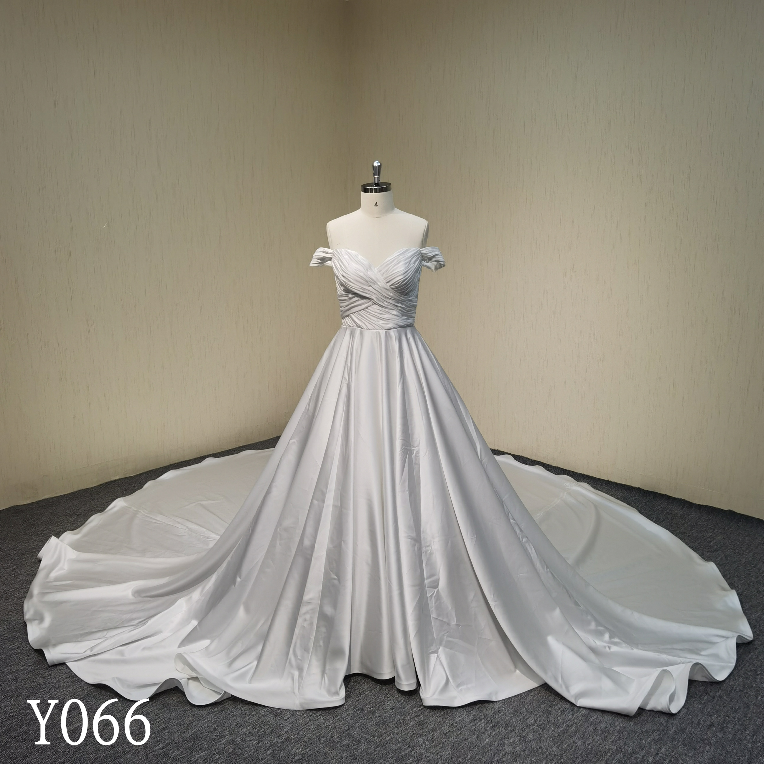 Y066 Satin Strapless Pleated A-Line Wedding Dress Chapel Trailer