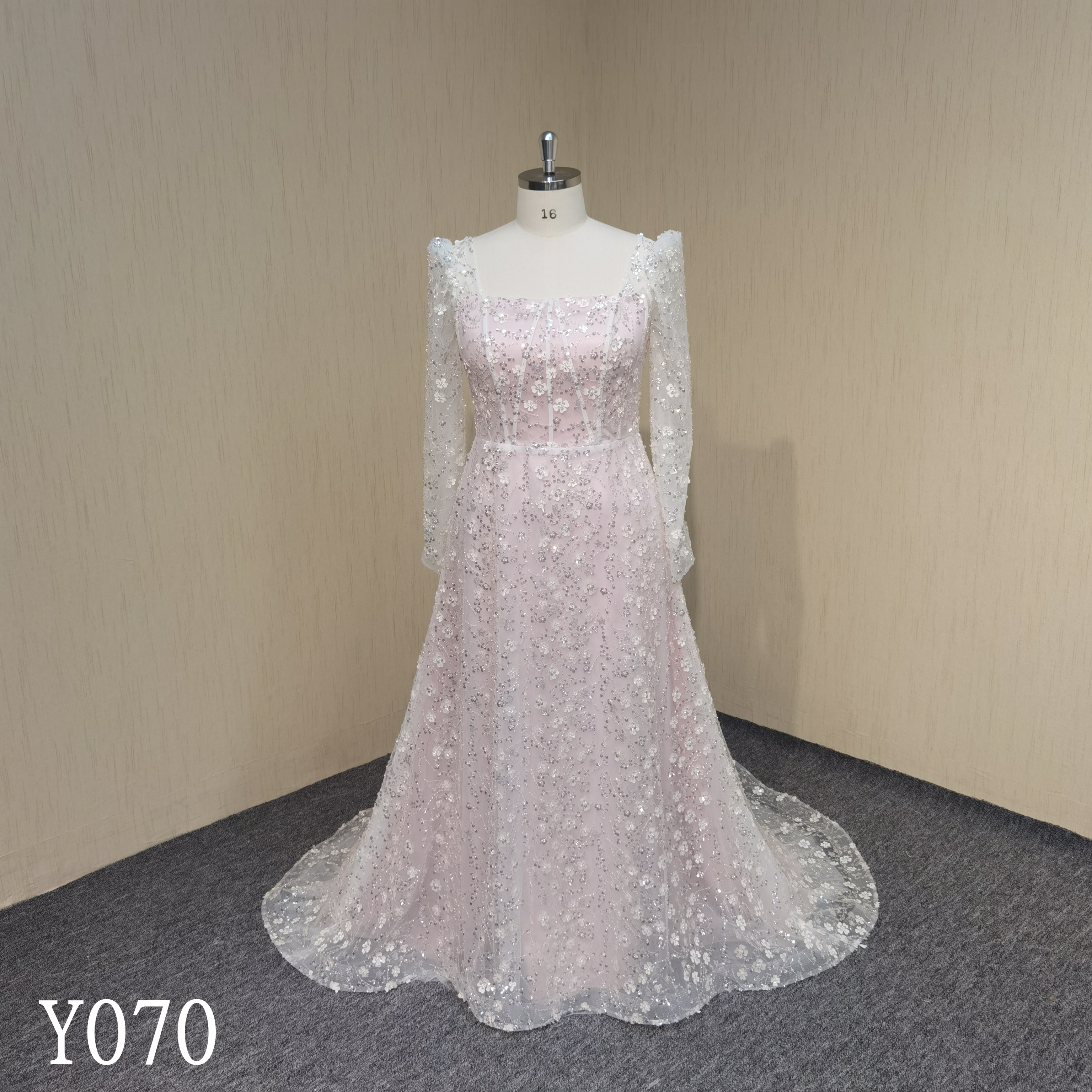 Y070 A-line Beaded Floral Long Sleeve Wedding Dress