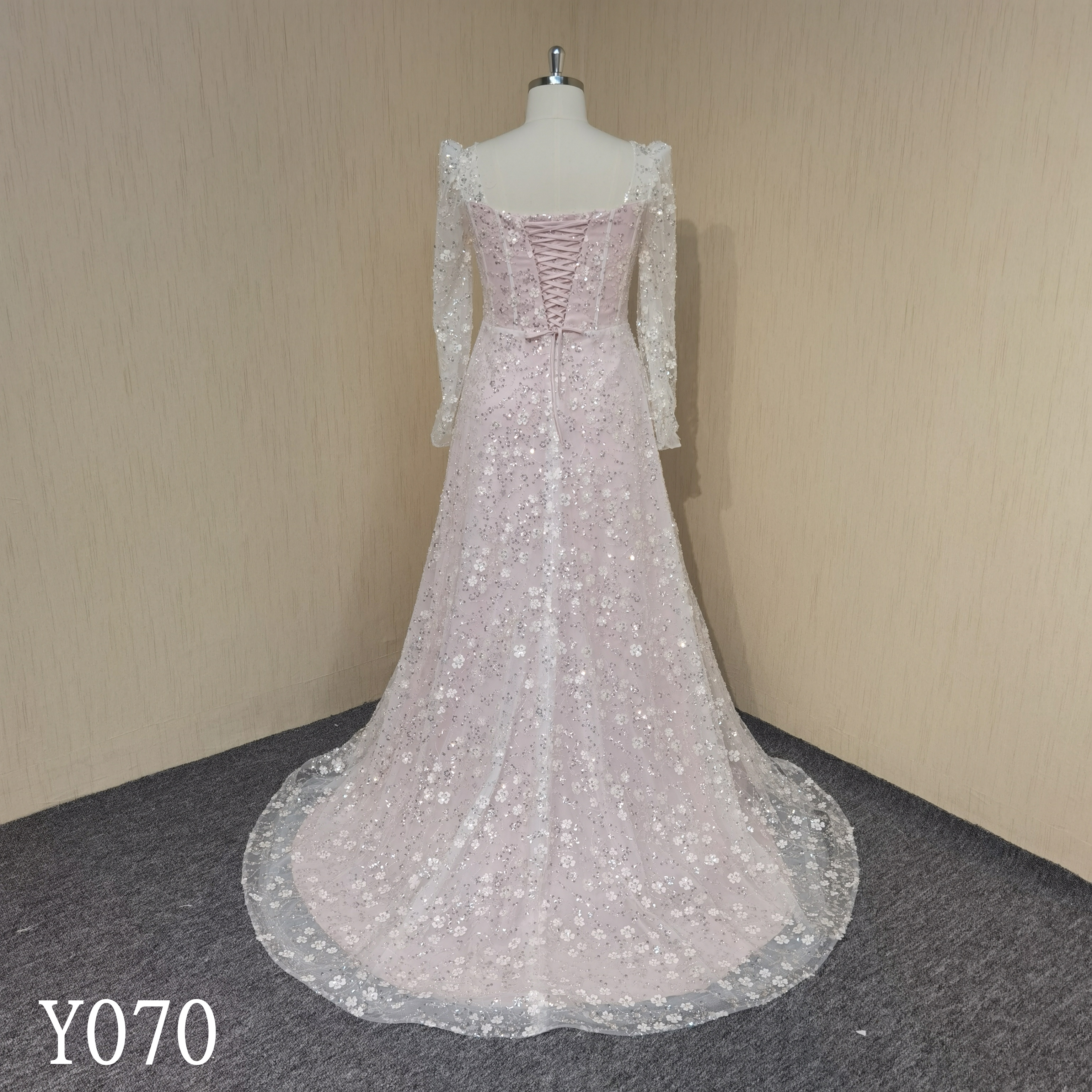 Y070 A-line Beaded Floral Long Sleeve Wedding Dress