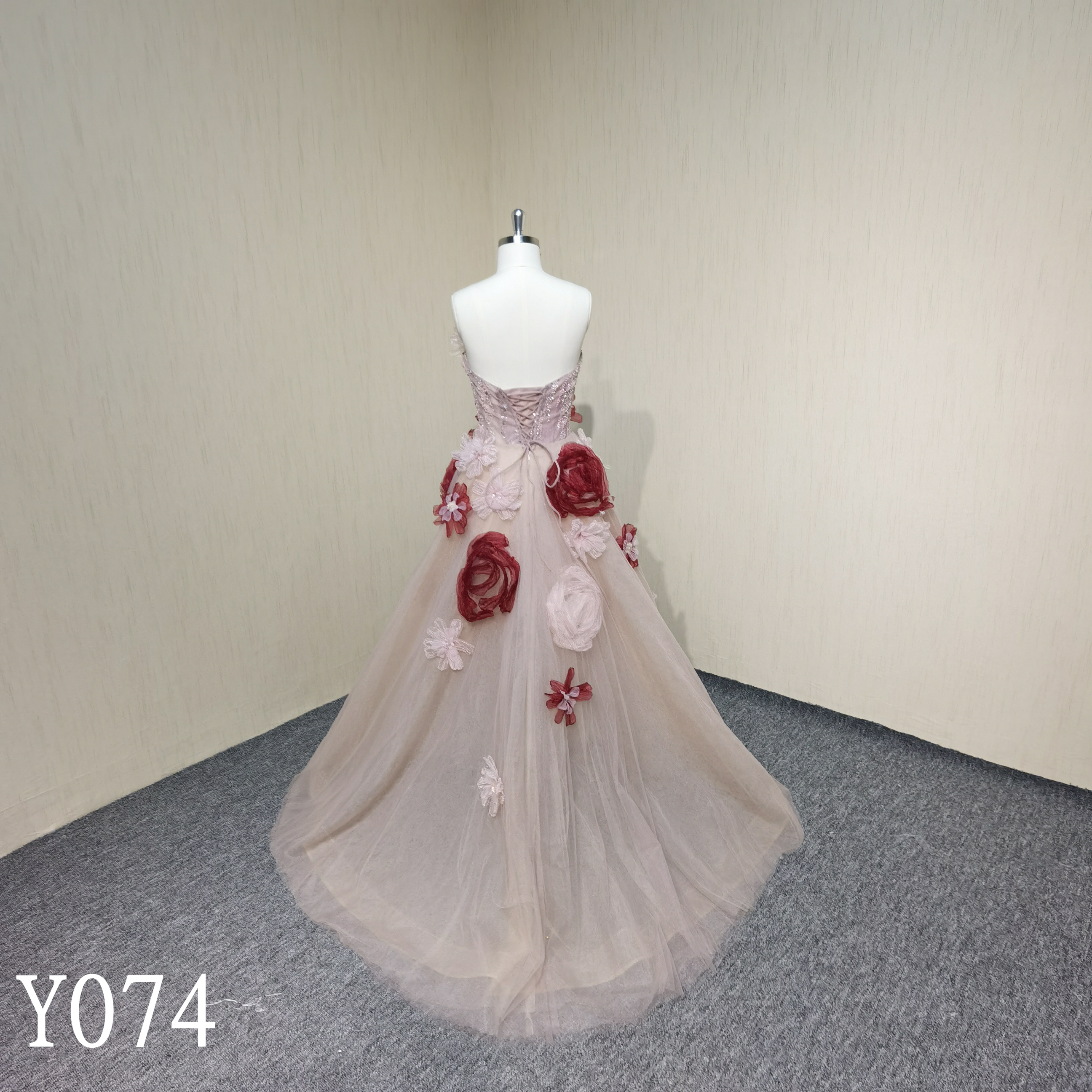 Y074 Strapless A-line 3D Floral Beaded Evening Dress