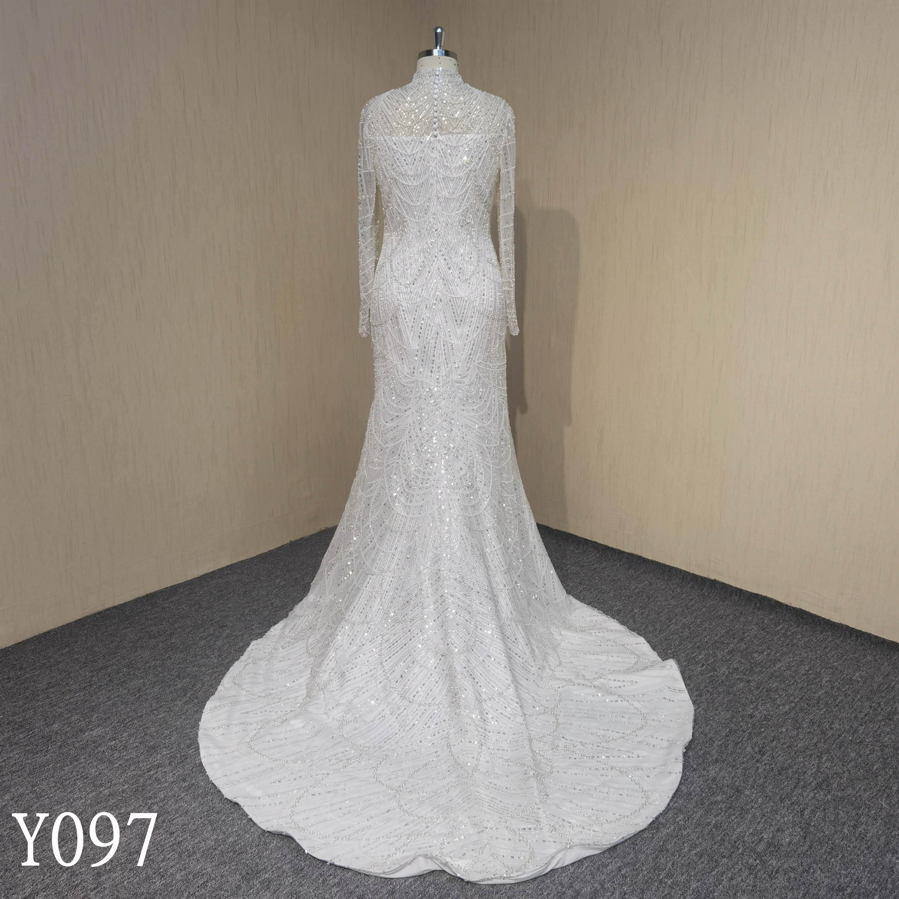 Y097 Luxury Beaded Long Sleeve High Neck Mermaid Wedding Dresses