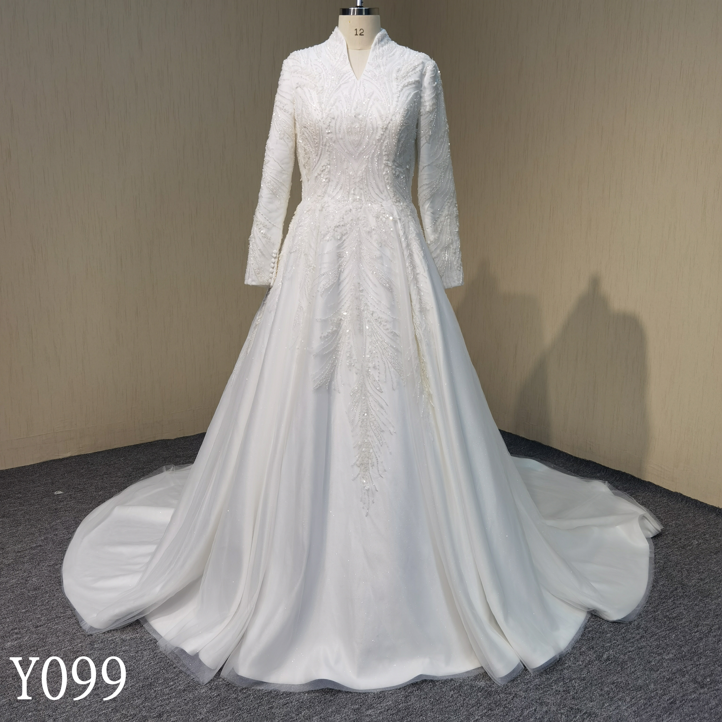 Y099 Luxury Long Sleeve High Neck Beaded Lace A-Line Wedding Dresses