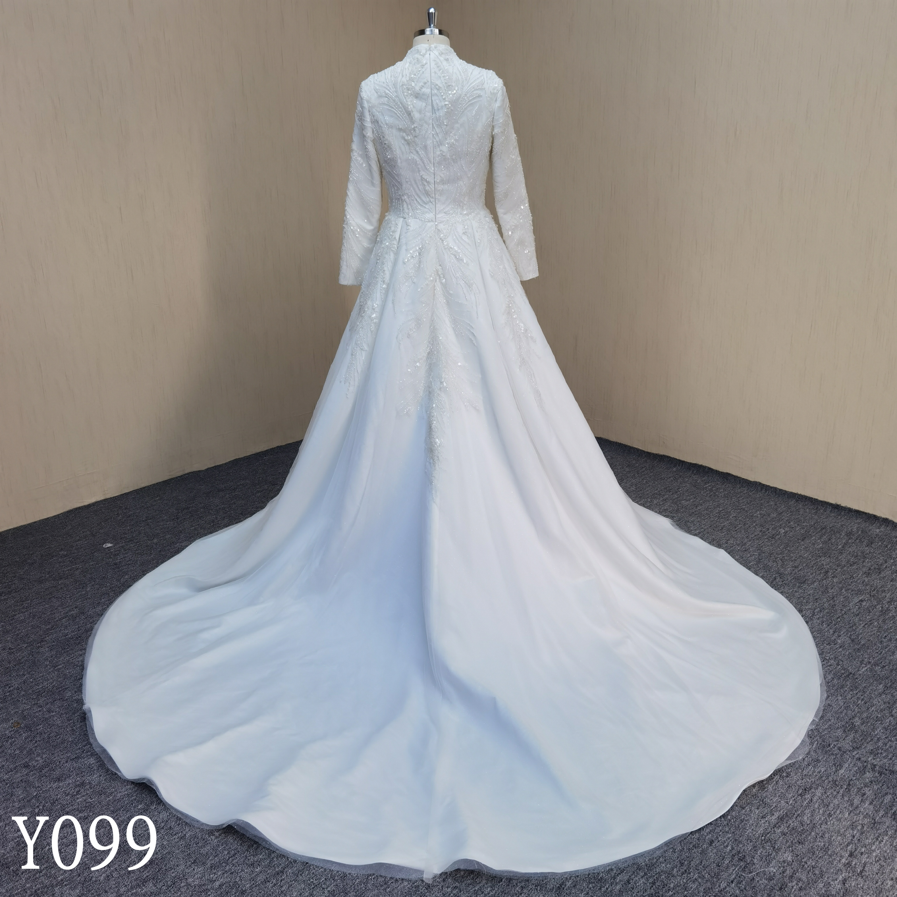 Y099 Luxury Long Sleeve High Neck Beaded Lace A-Line Wedding Dresses