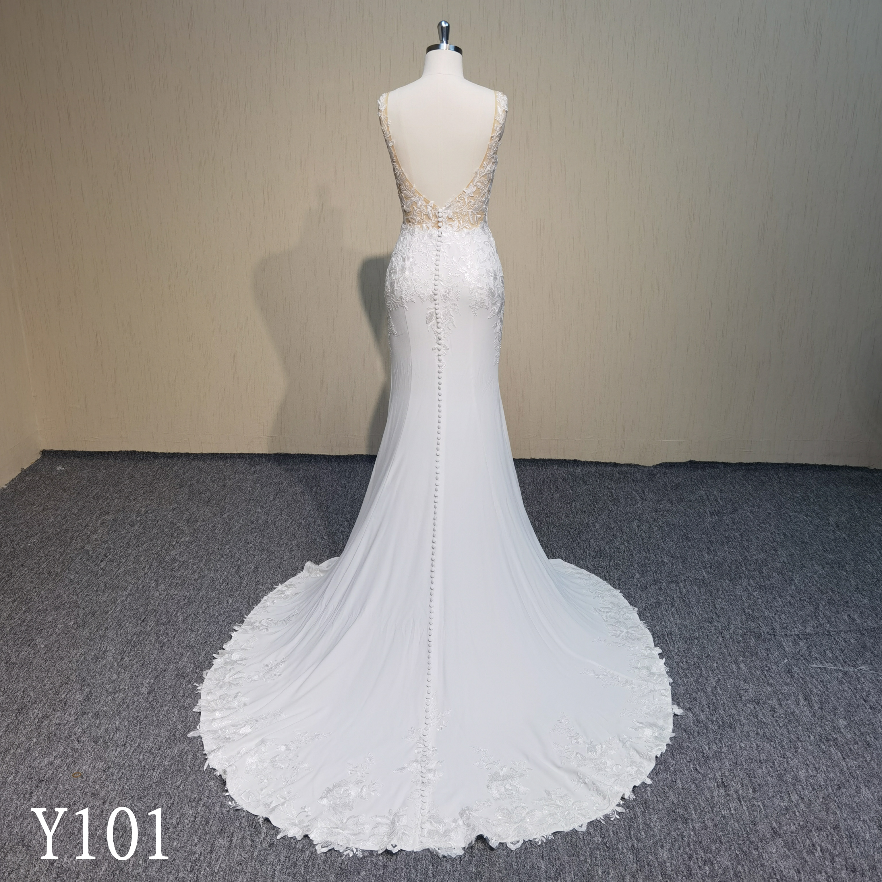Y101 Lace Applique V Neck Sleeveless Mermaid Bridal Gowns