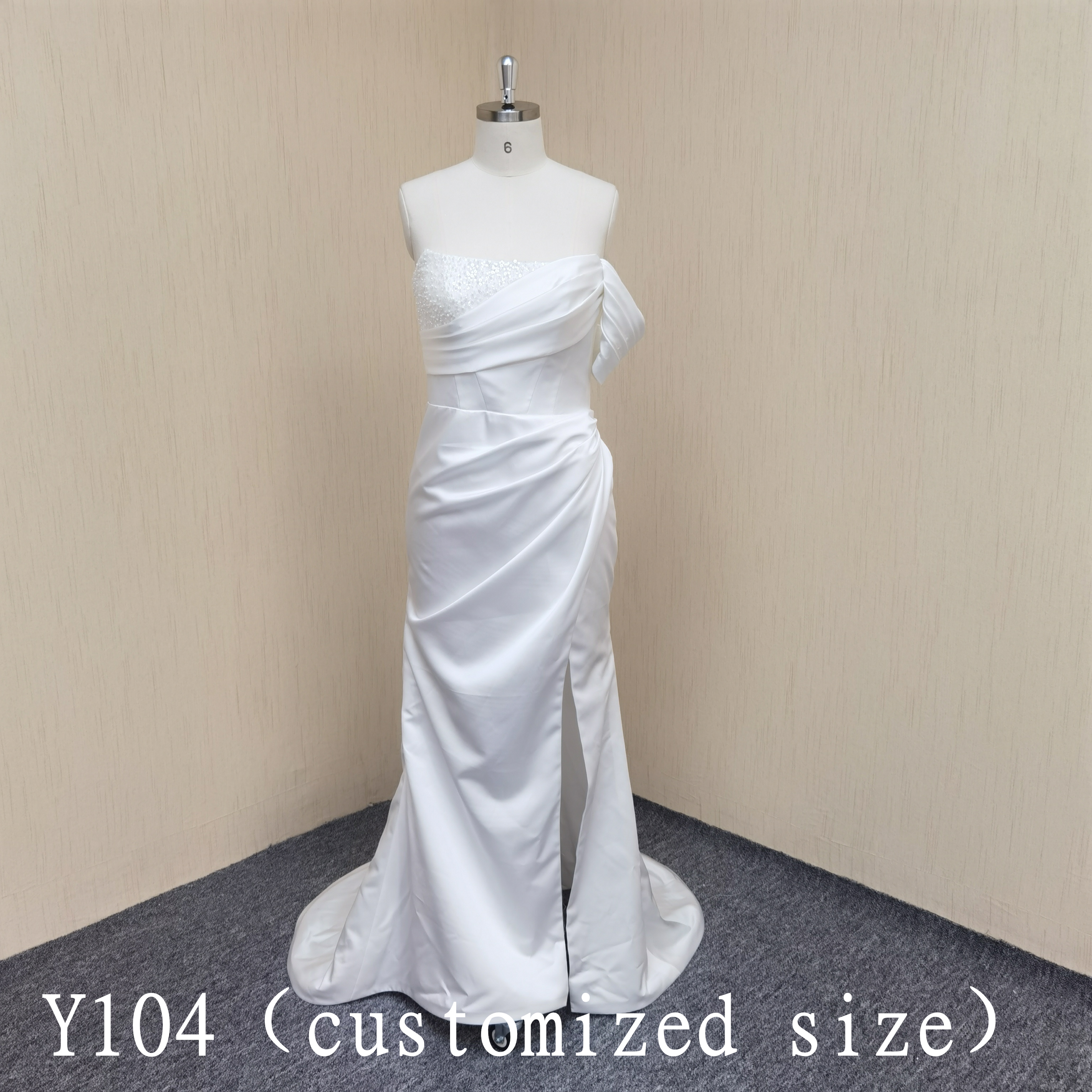 Y104 Satin Beaded Sleeveless Slit Mermaid Wedding Dress