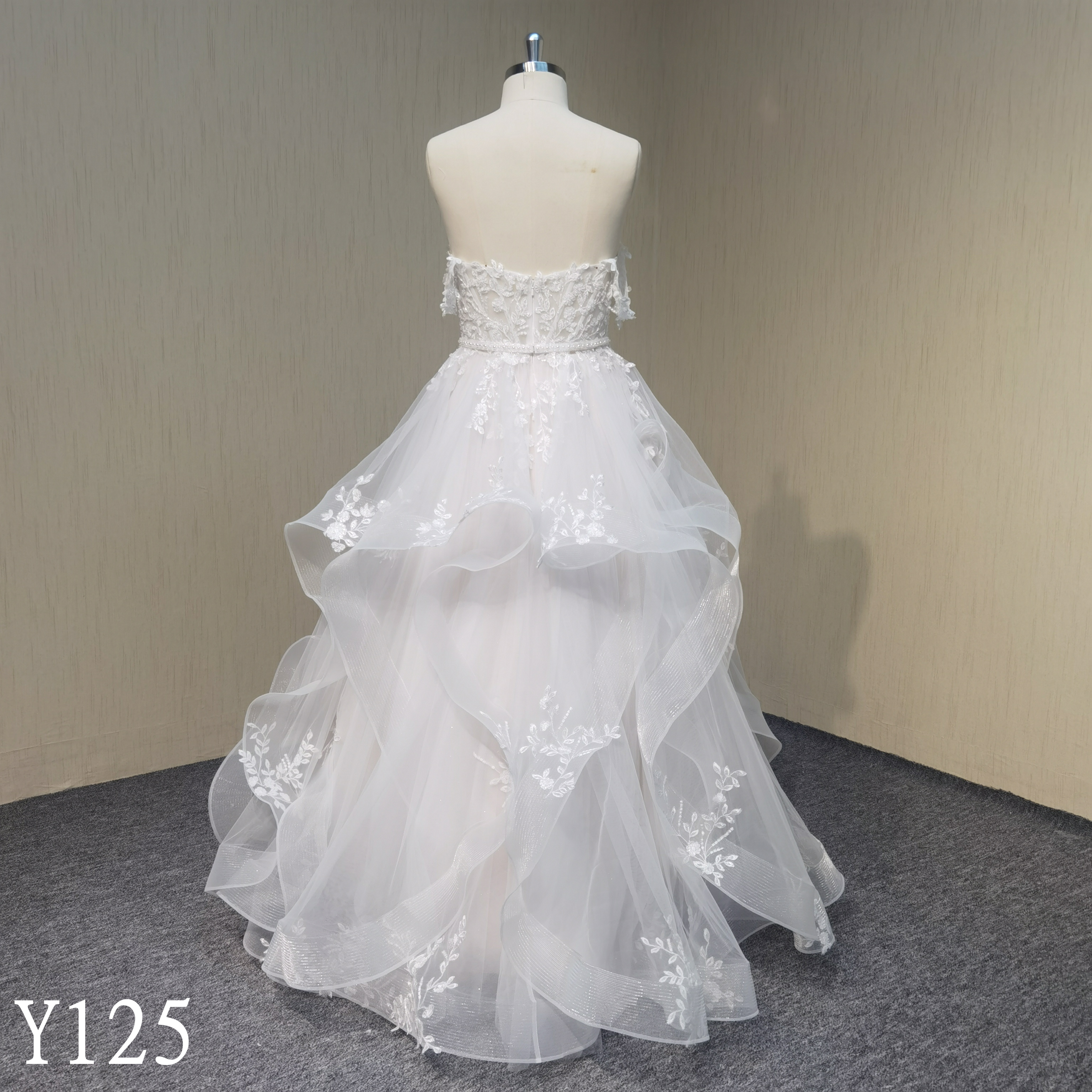 Y125 Spaghetti Strap A-line V-neck Beaded Wedding Dress