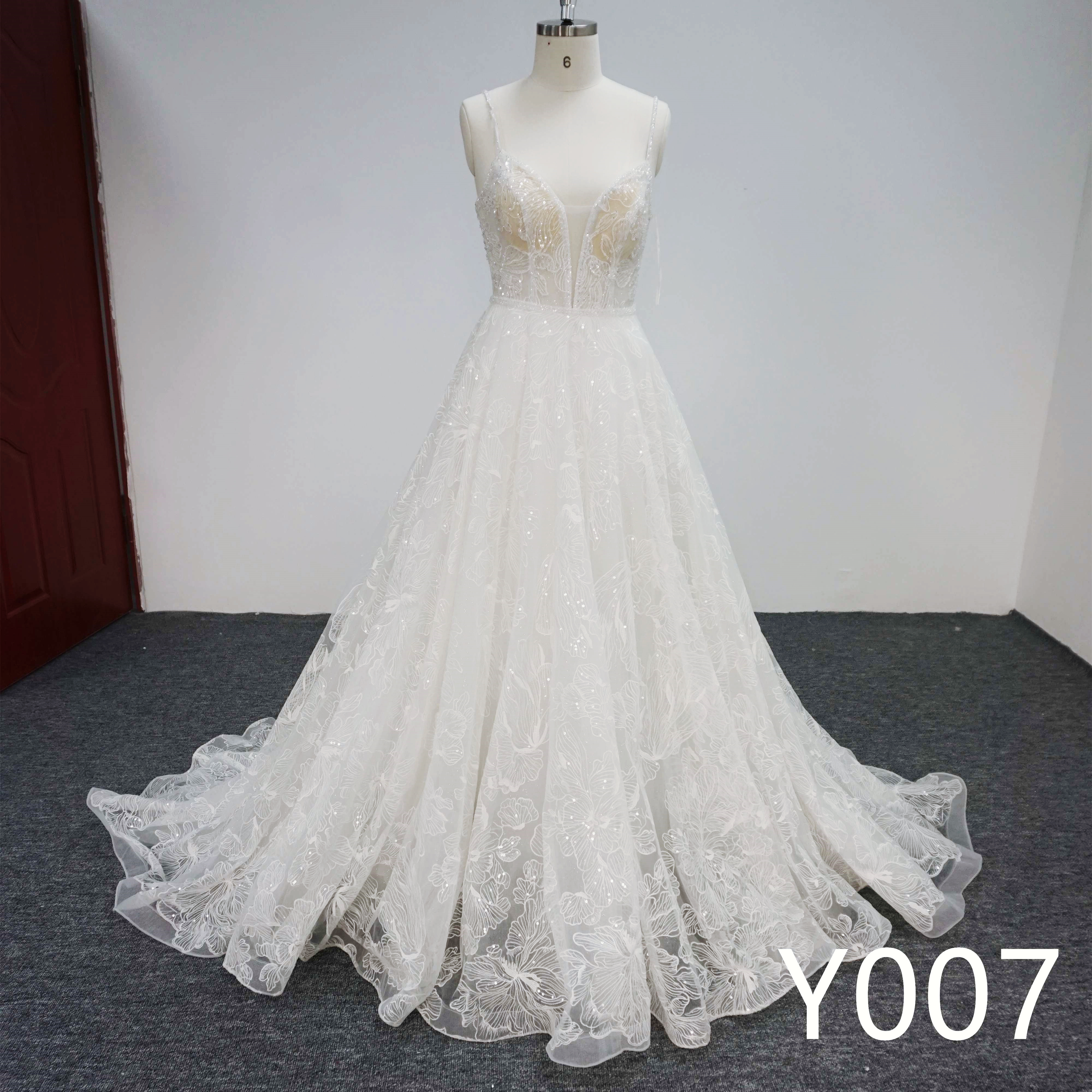 Y007 Sequins Strapless Bridal Gowns with Lace flowers Wedding Dress Made in China