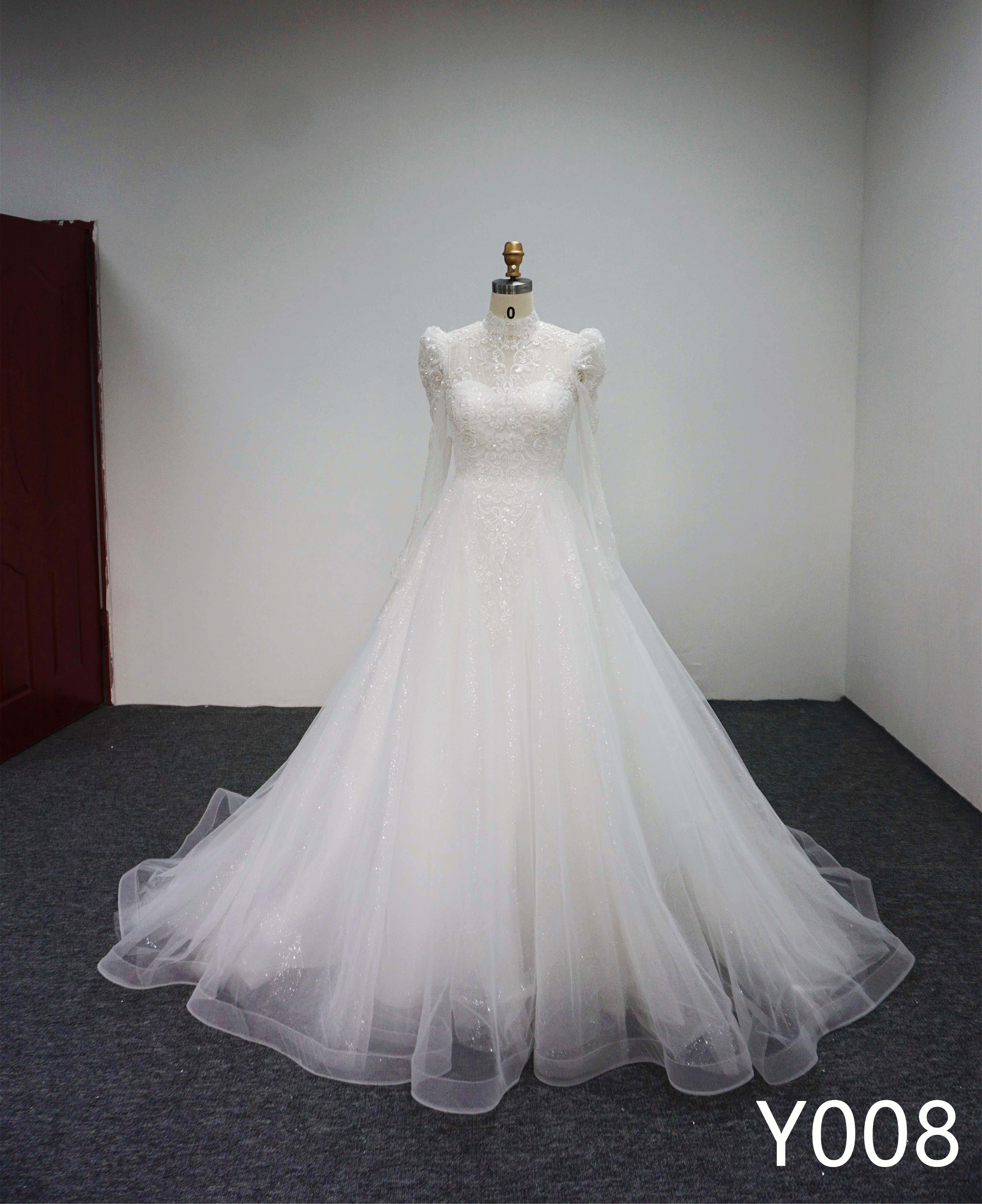 Y008 High Neck Sequins Loog Sleeve Bridal Gowns for women wedding dress Made in China