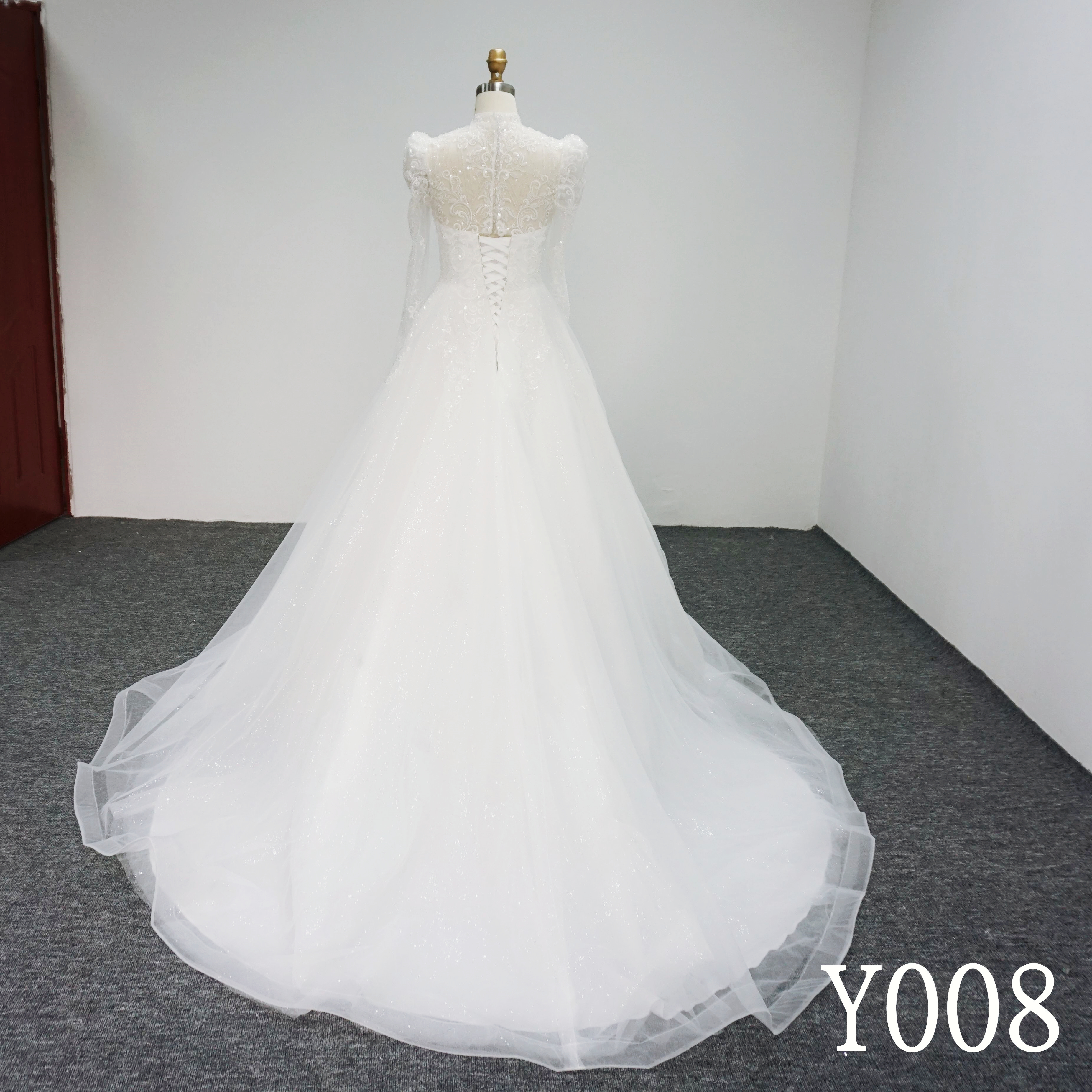 Y008 High Neck Sequins Loog Sleeve Bridal Gowns for women wedding dress Made in China