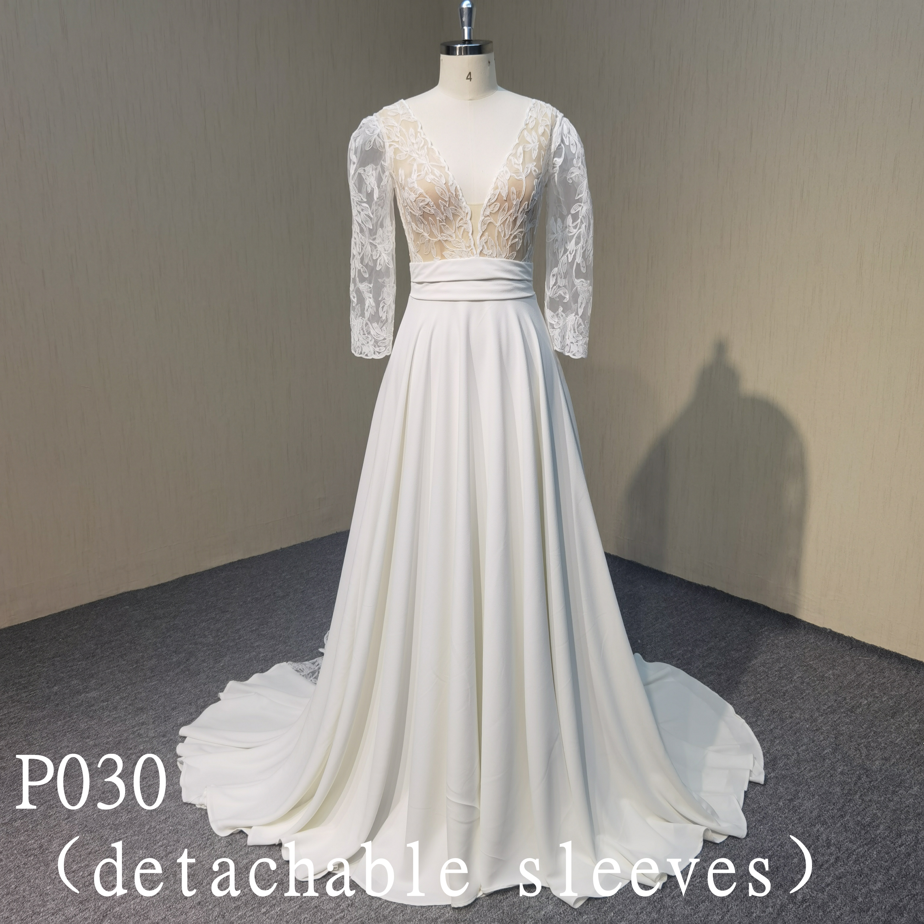 P030 Lace flowers Bridal Gowns Detachable Sleeves Wedding With Dress V-neckline