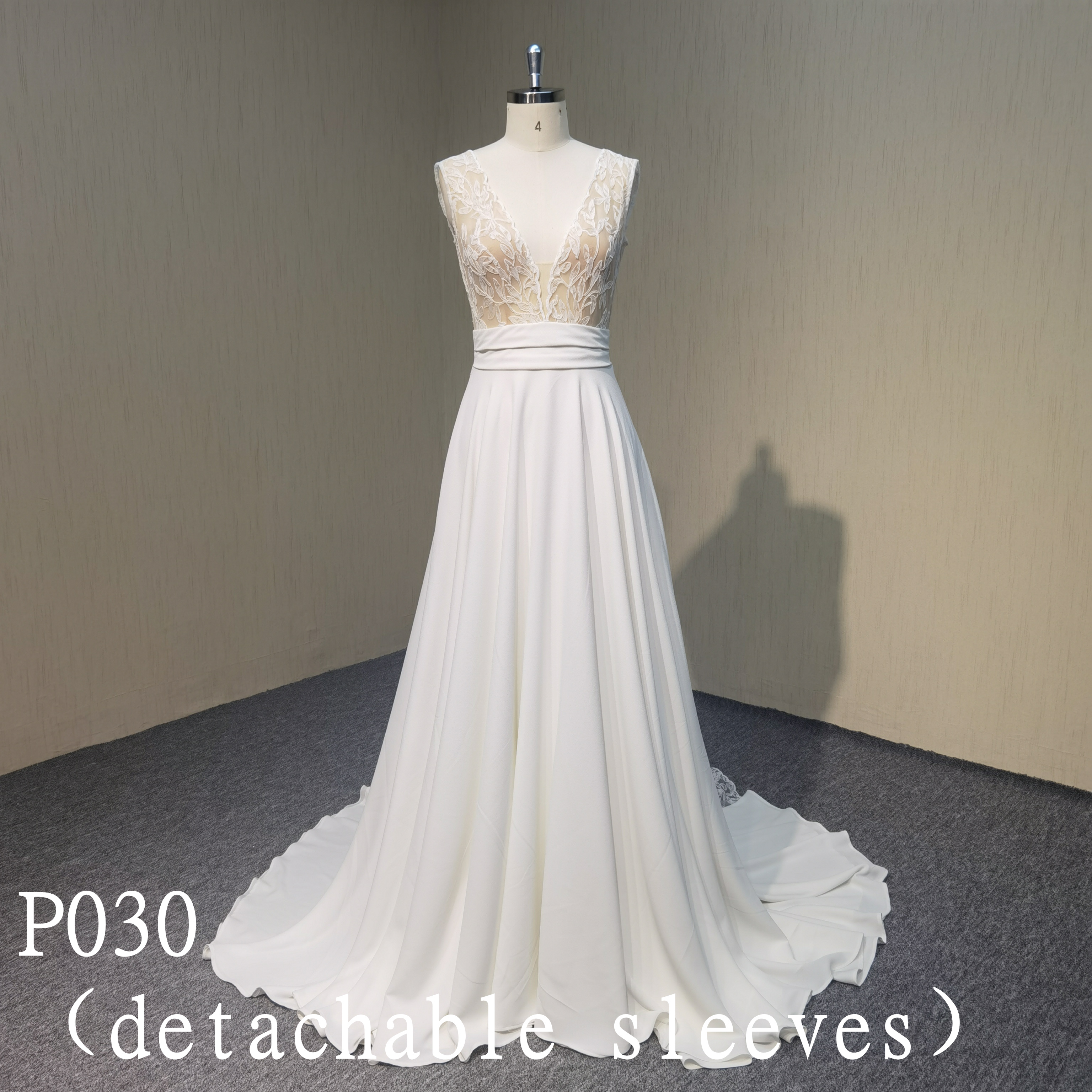 P030 Lace flowers Bridal Gowns Detachable Sleeves Wedding With Dress V-neckline