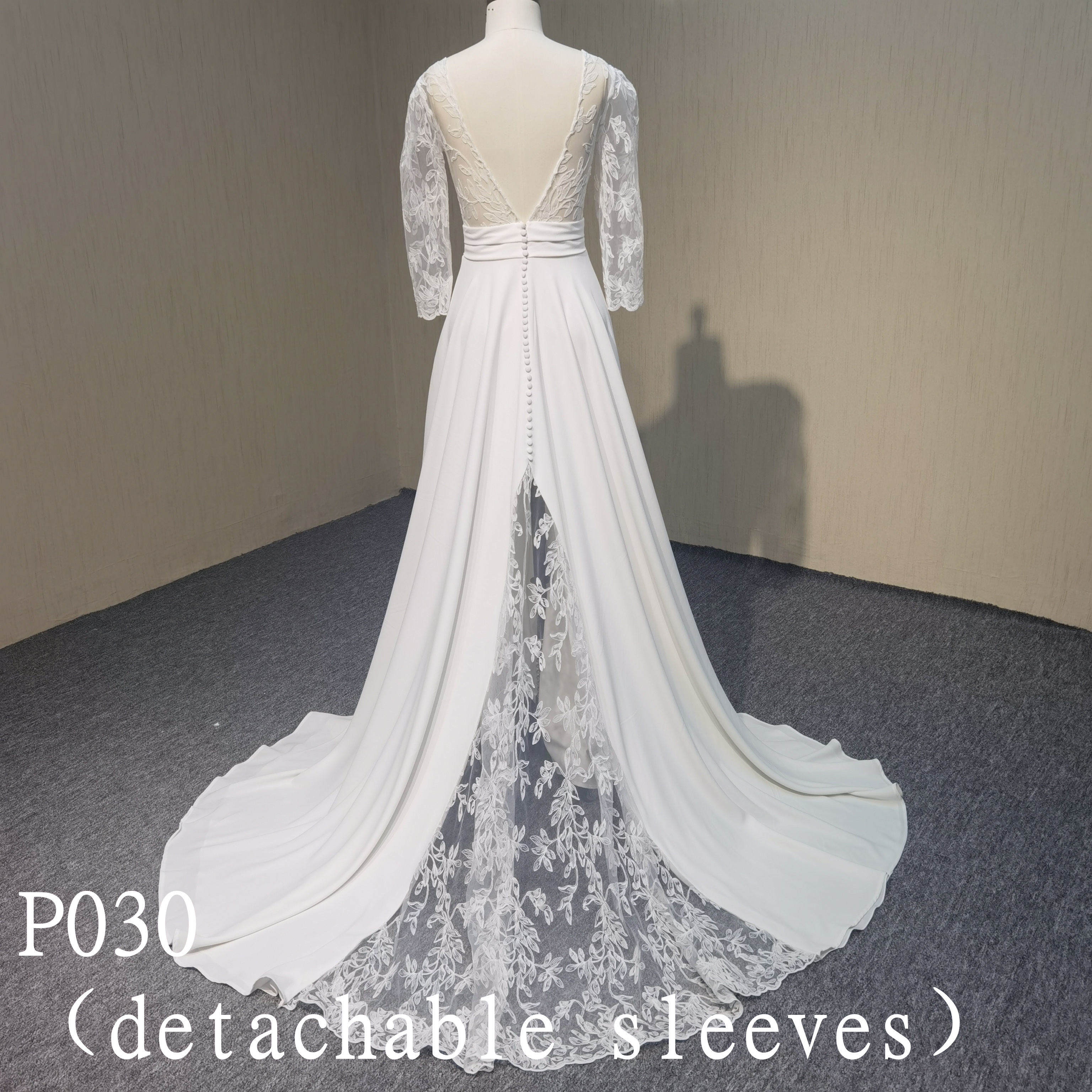 P030 Lace flowers Bridal Gowns Detachable Sleeves Wedding With Dress V-neckline