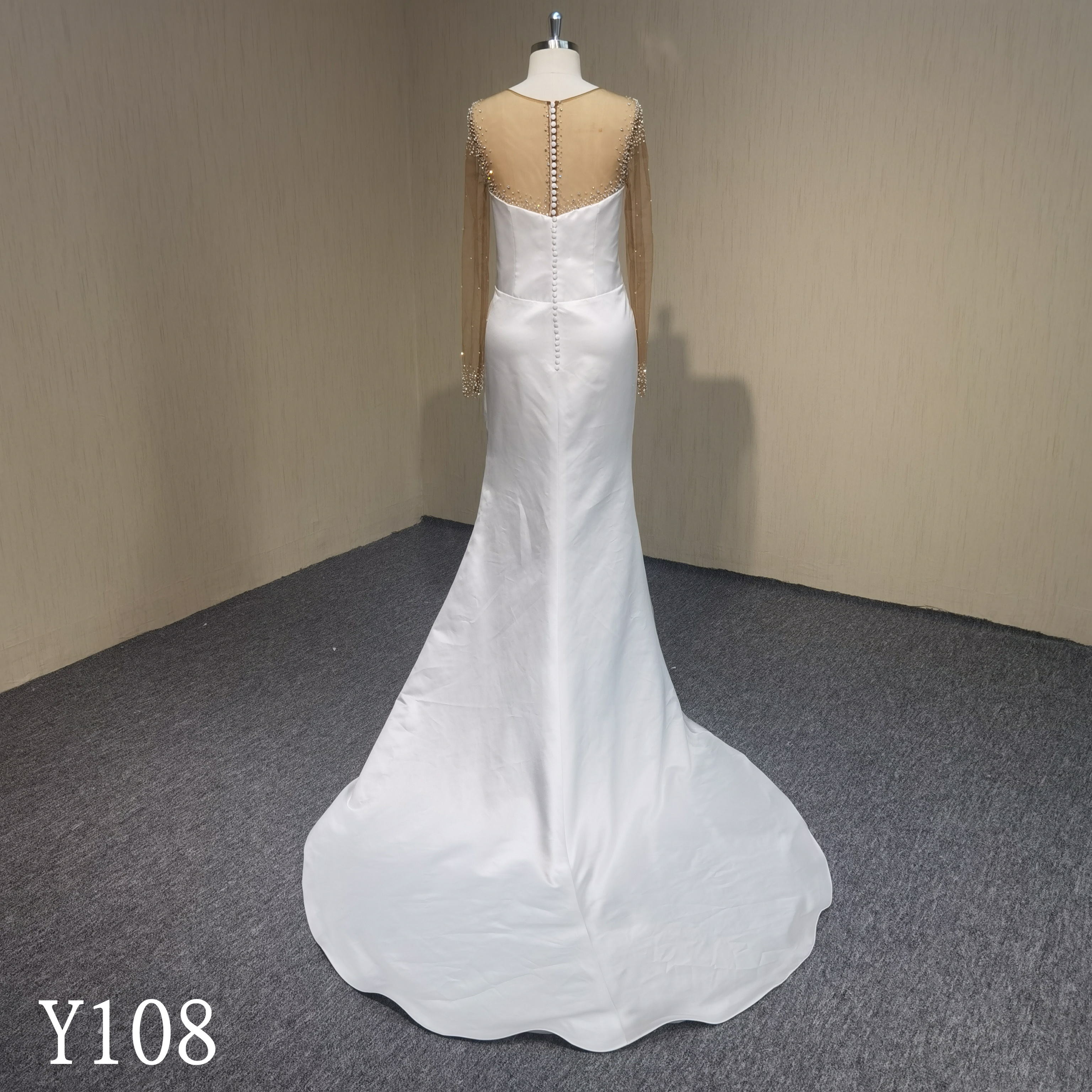 Y108 Tulle Long Sleeve Beaded Mermaid Wedding Dress made in china