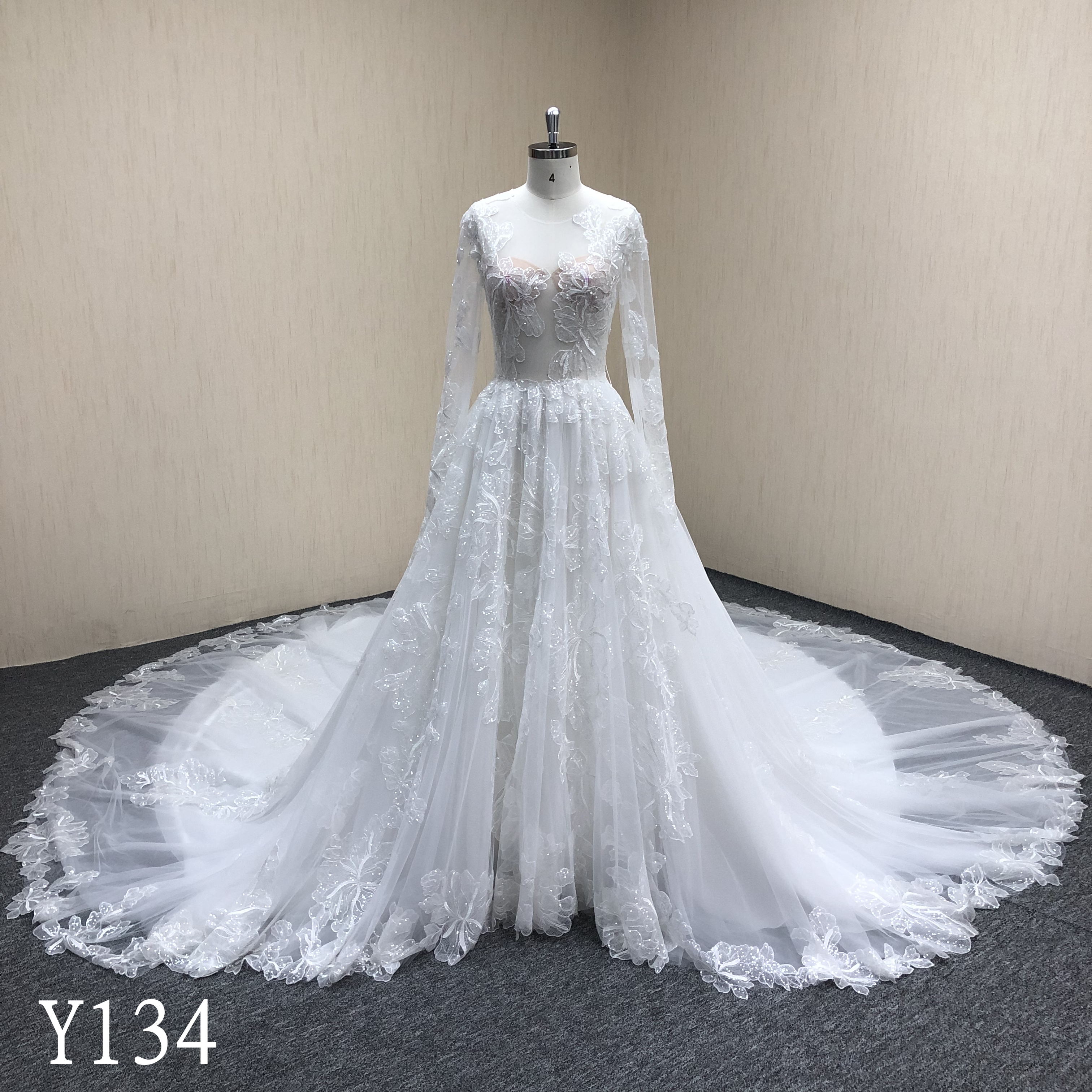 Y134 A-line High Neck Lace See-Through Wedding Dresses With Long Sleeve