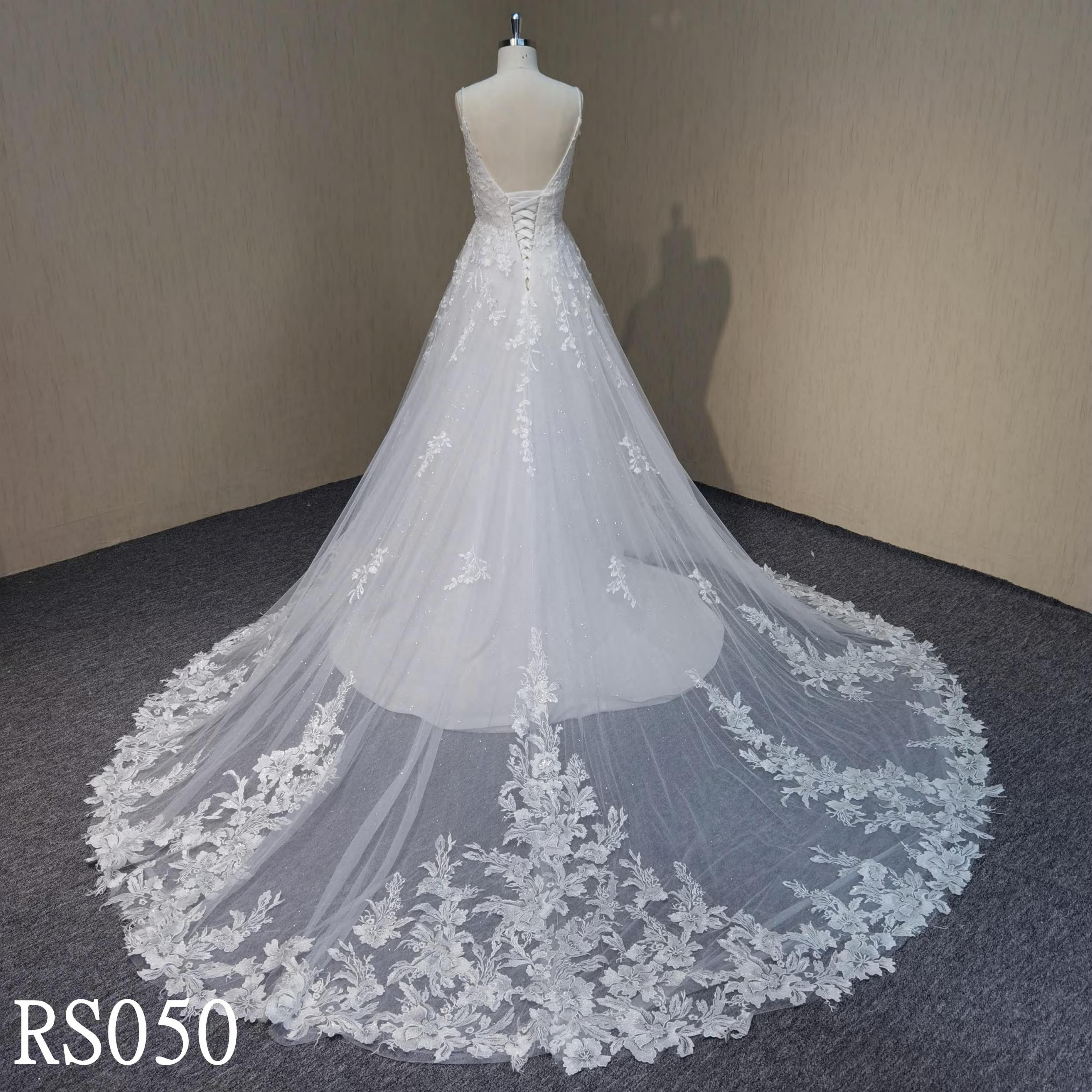 RS050 Lace up back wedding dress with handmade beaded lace A-Line Bridal Gowns