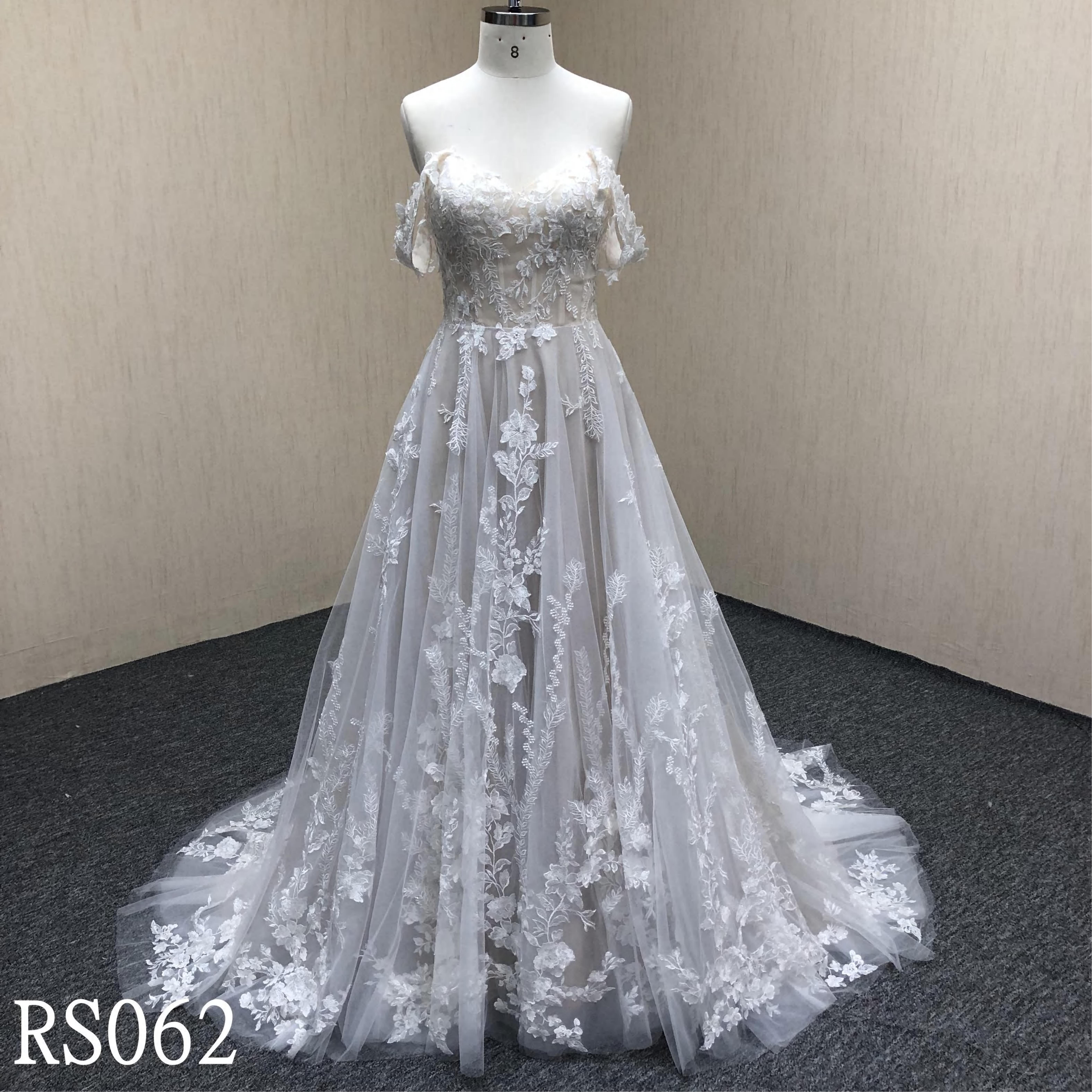 RS062 Champagne A line wedding dress with off sleeves