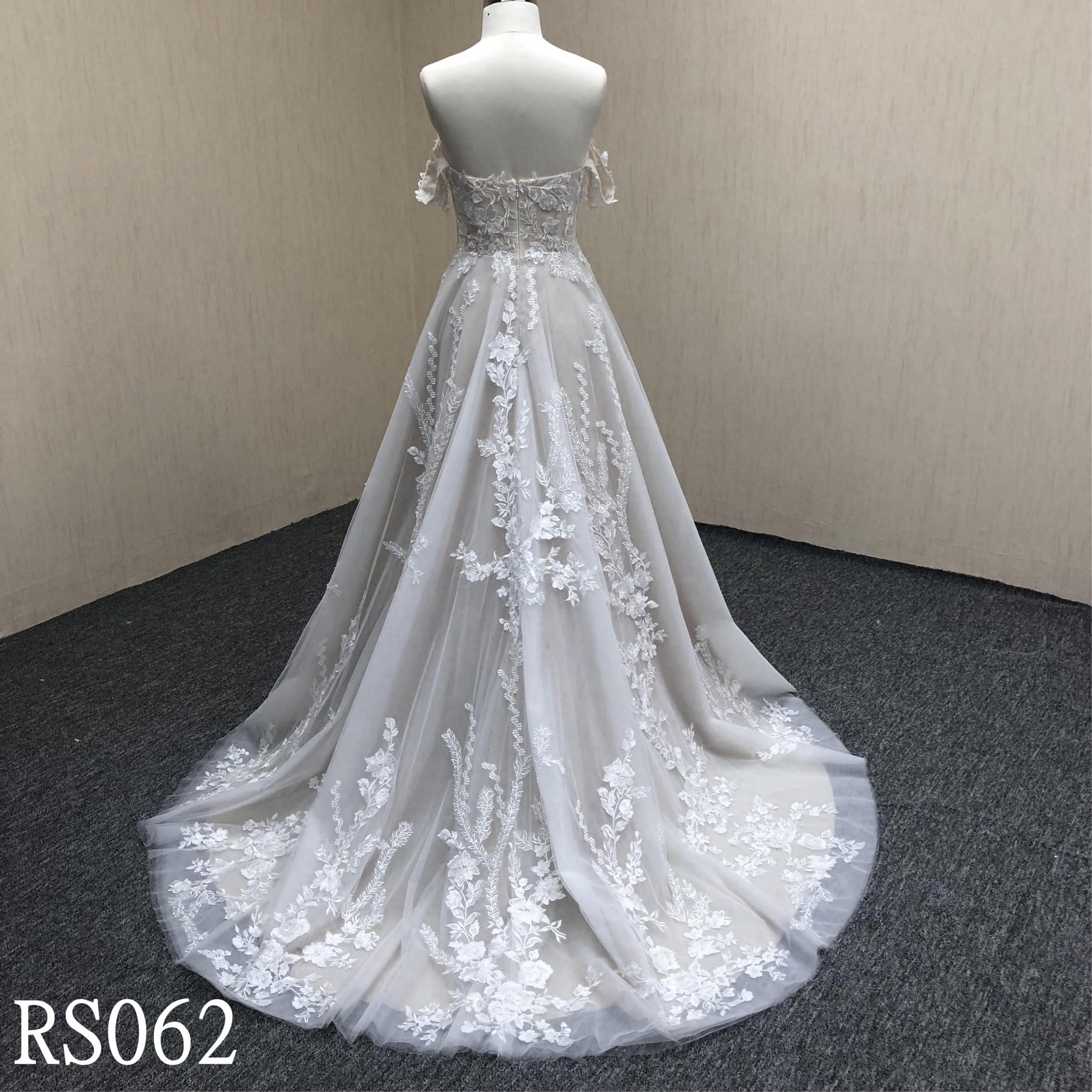 RS062 Champagne A line wedding dress with off sleeves
