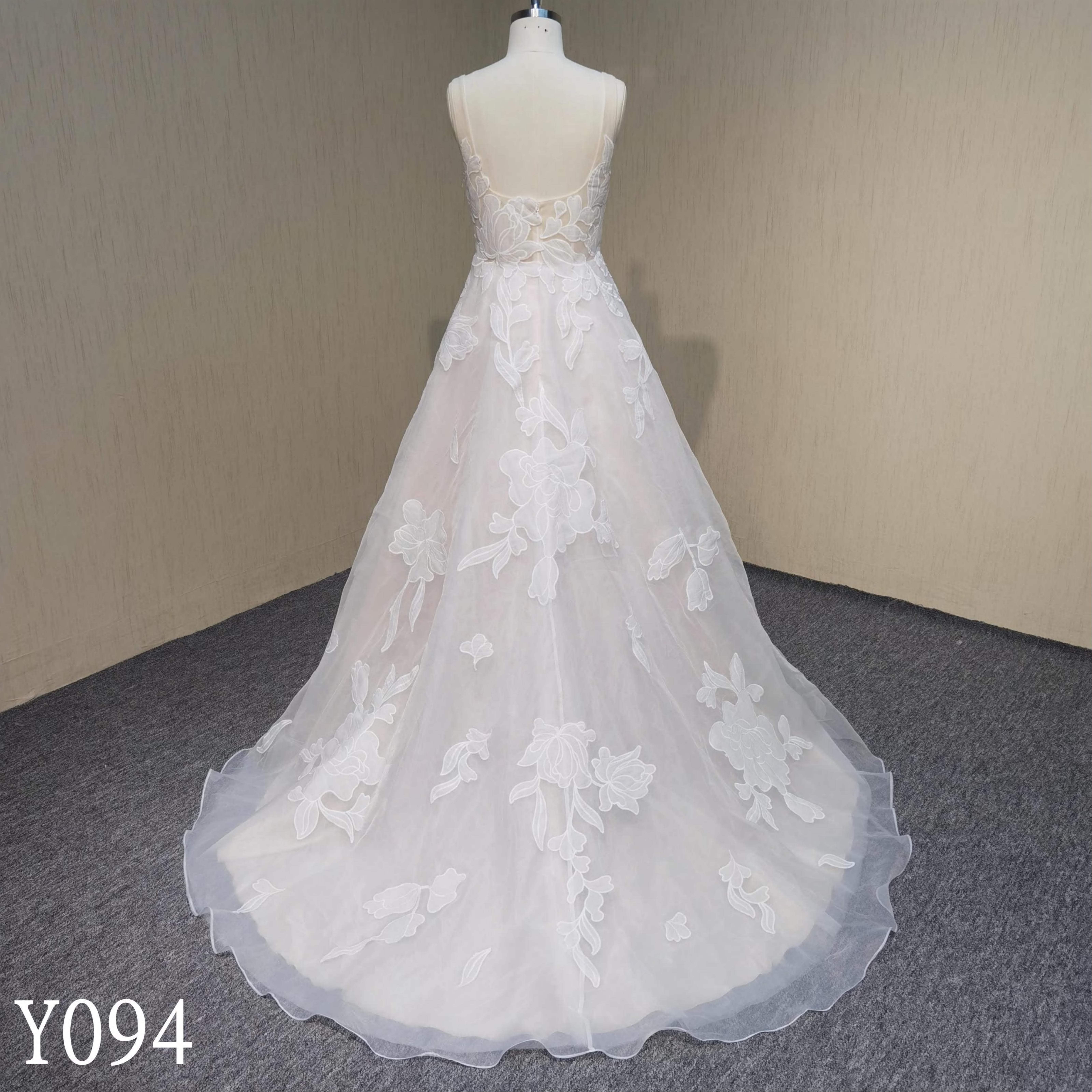 RS097 Organza  A line wedding dress with big lace blush bridal dress