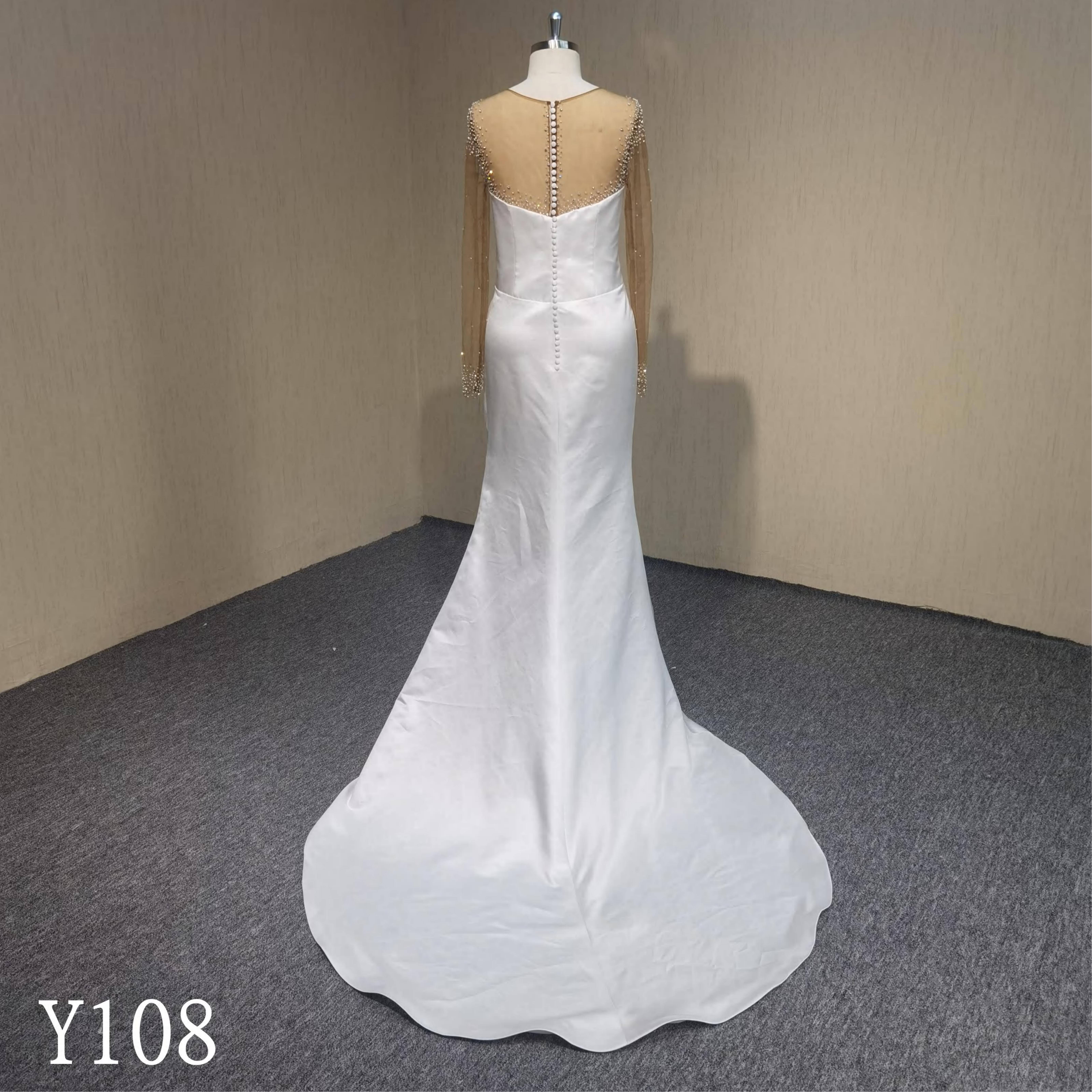 Y108 Deep nude tulle mermaid wedding dress with handmade crystal and diamond wedding dress