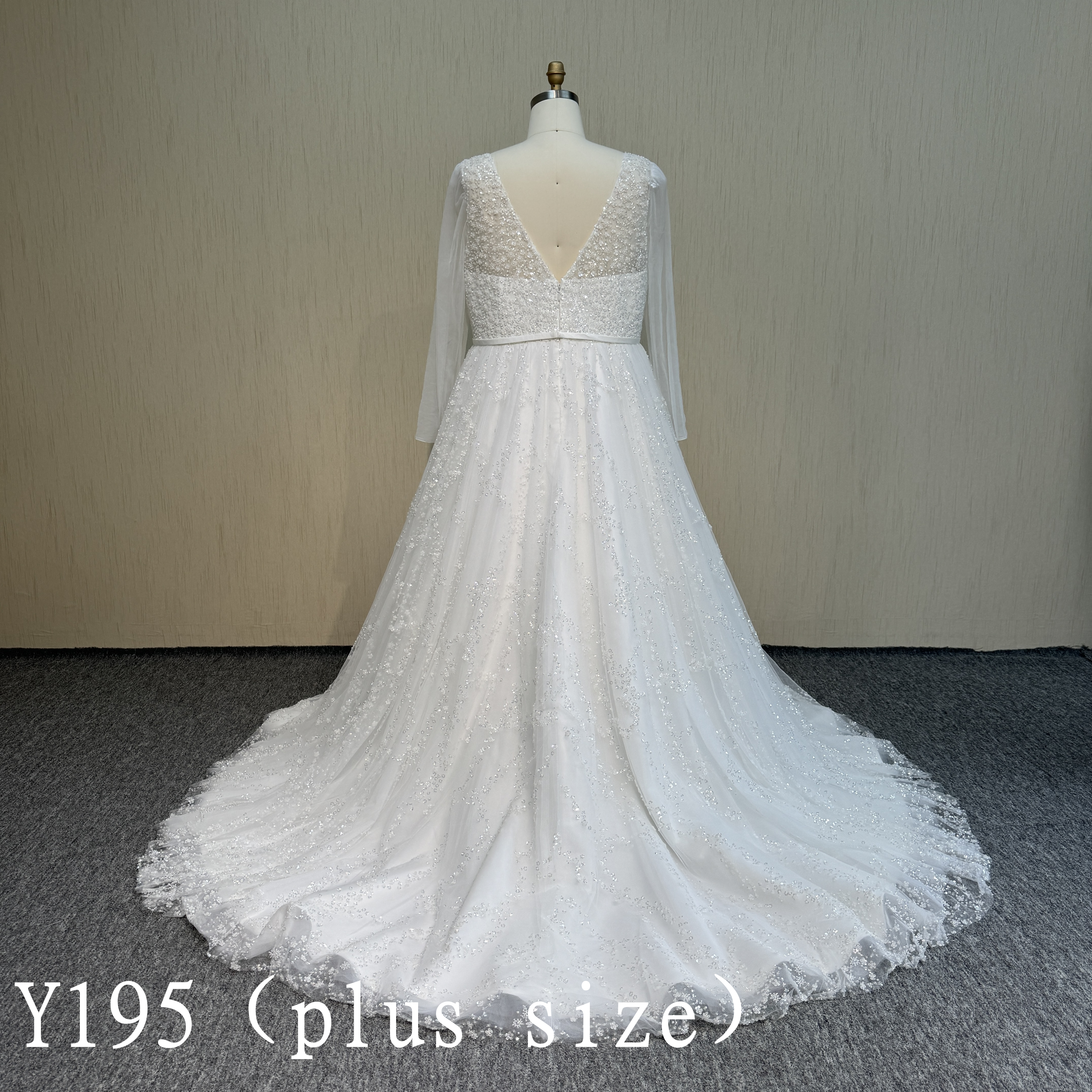 Y195  A line V-neck Longsleeves wedding dress with Beaded for Bridal