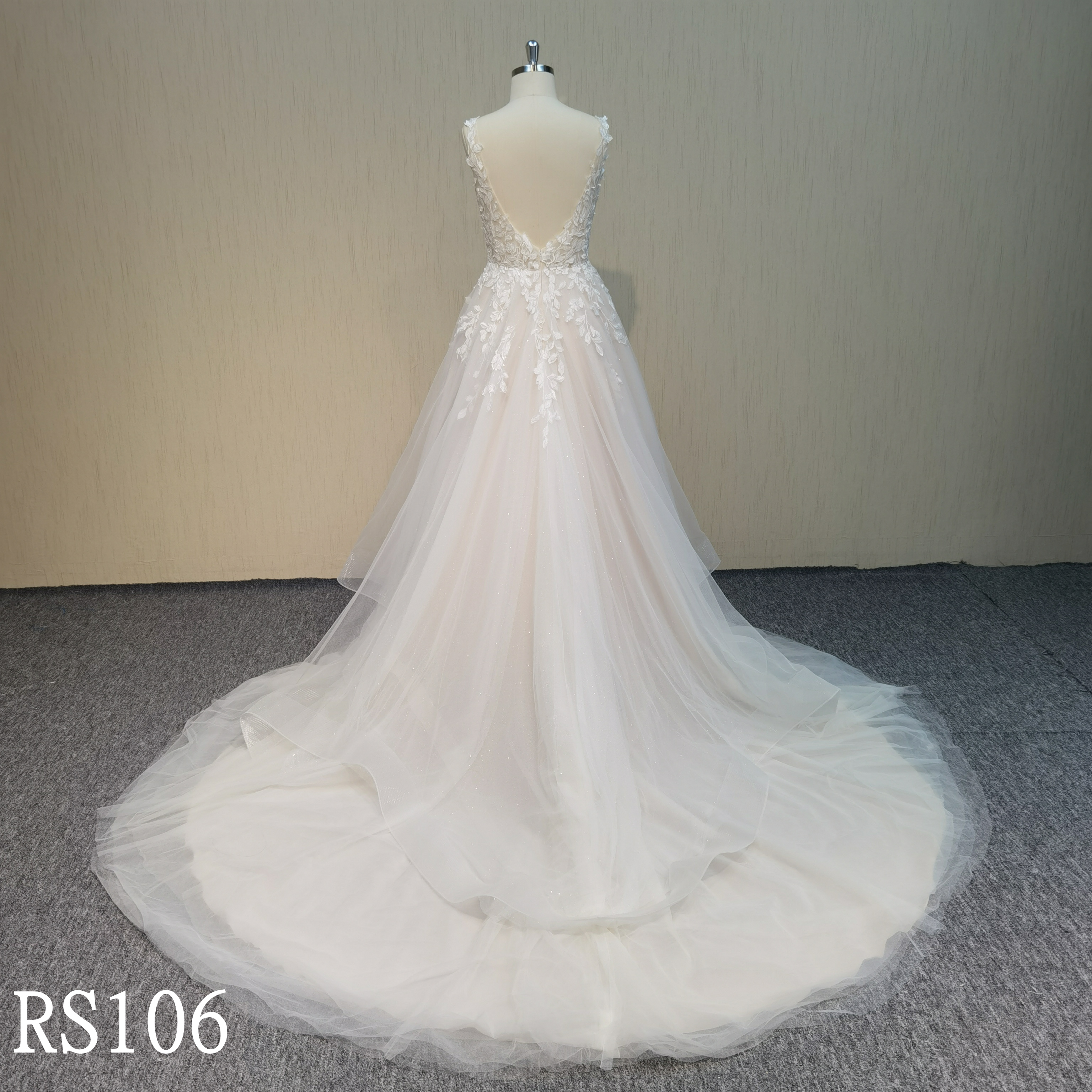 RS106 Pink V-neck ball gown Sleeveless Bridal Wedding Dresses for wedding woman with glitter