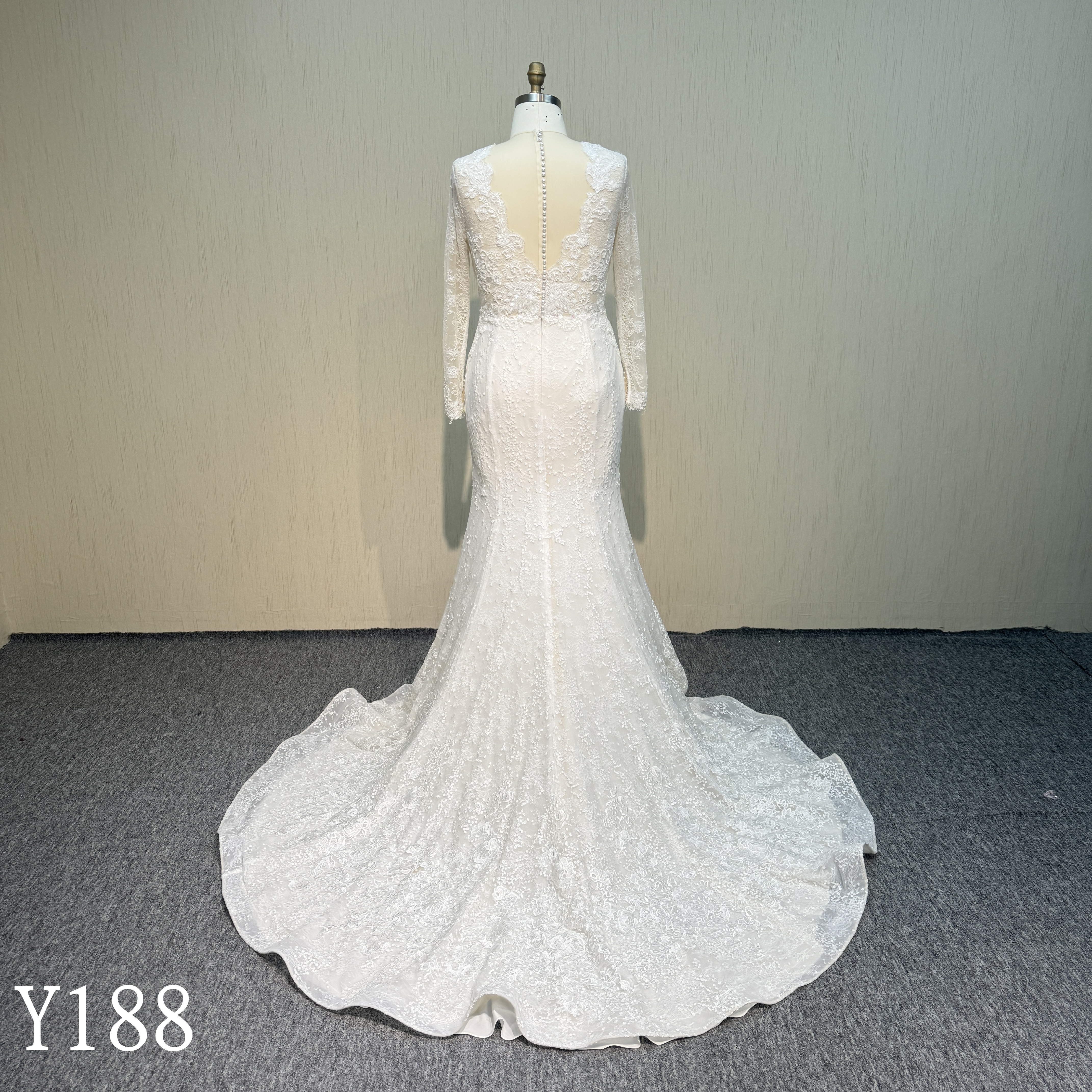 Y188 3D Flower Lace Long sleeves mermaid dress Illusion wedding dress