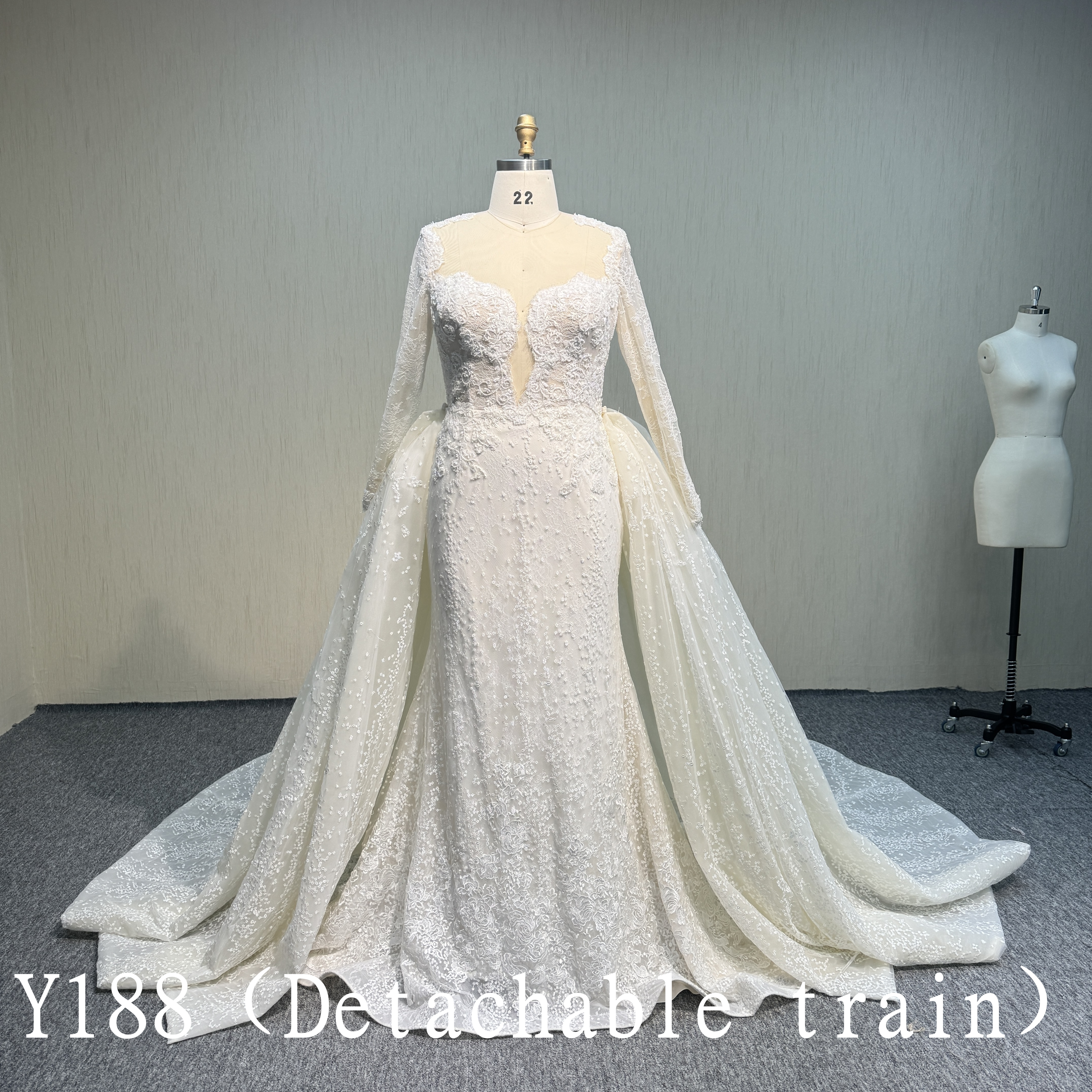 Y188 3D Flower Lace Long sleeves mermaid dress Illusion wedding dress
