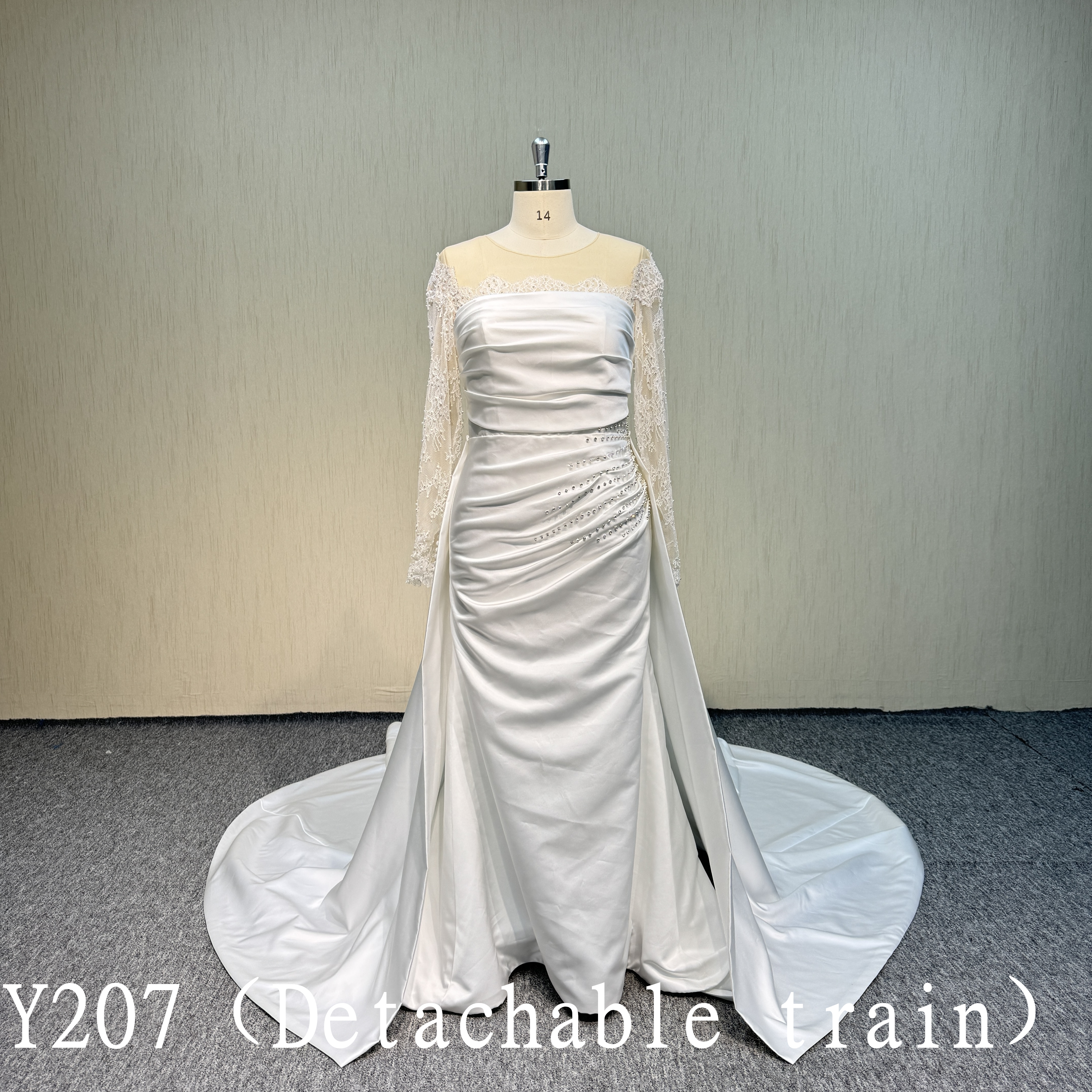 Y207 Longsleeve Handmade beading  Mermaid with detachable Train wedding dress for woman