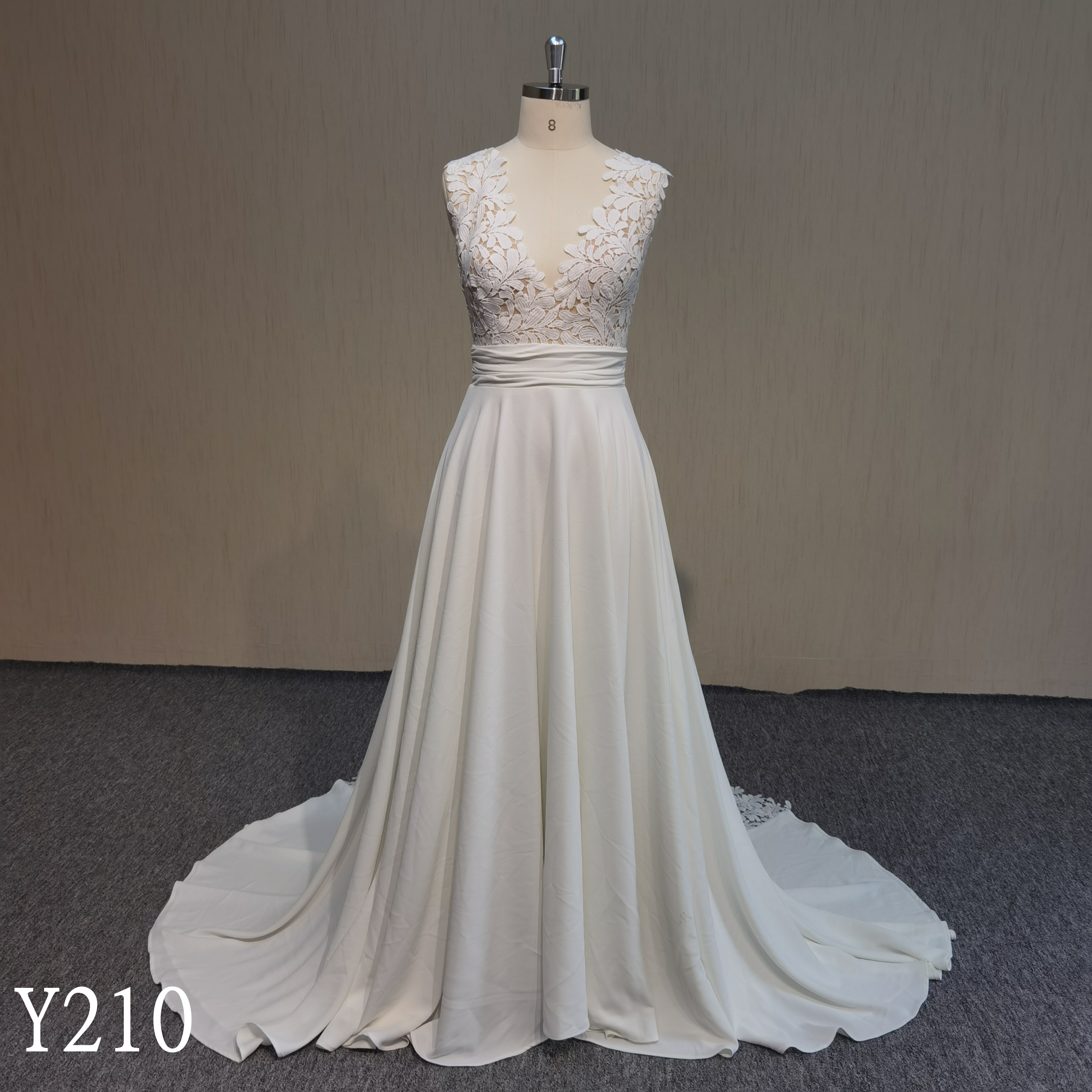 Y210 V-neck sleeveless crepe A-line wedding dress with lace