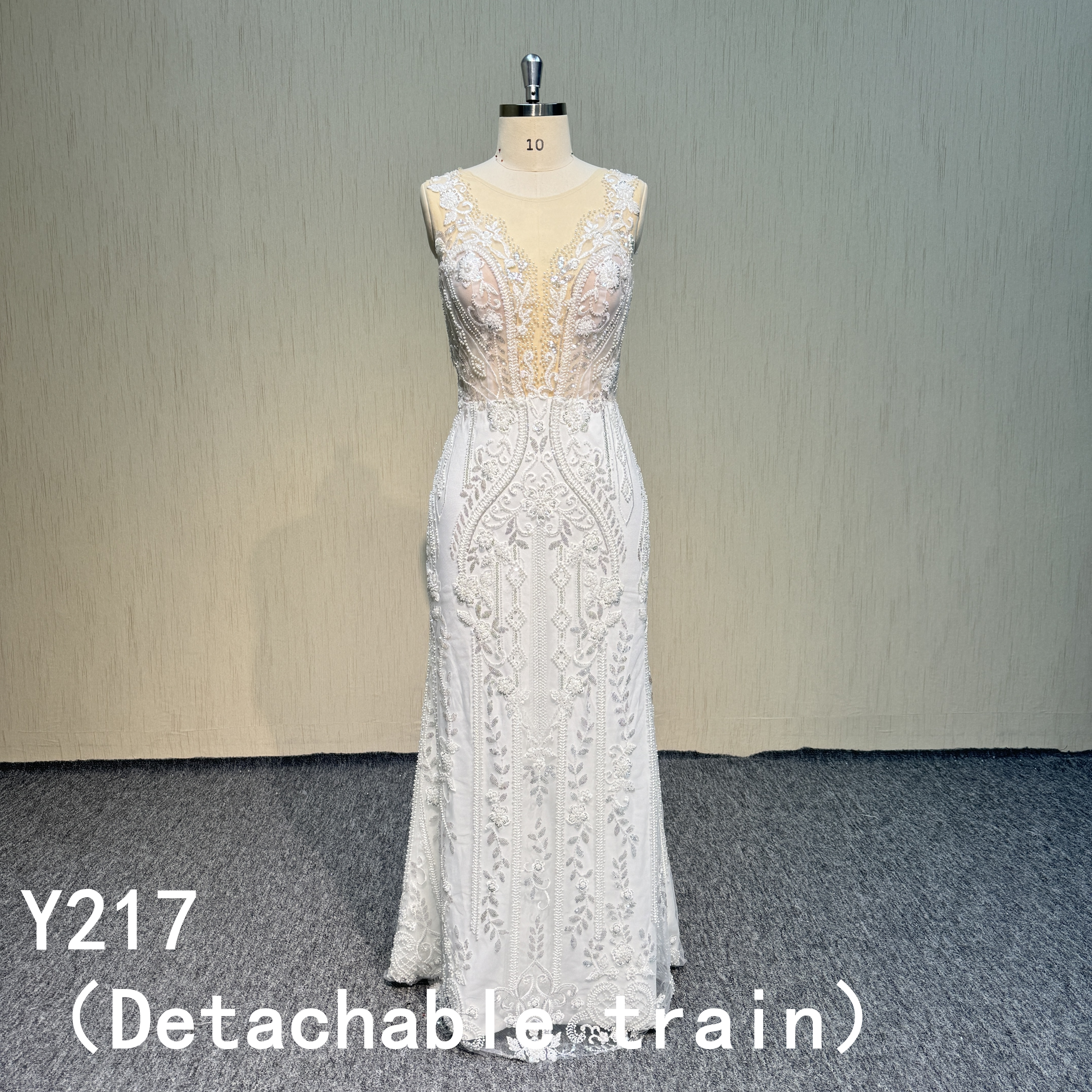 Y217 Beading Lace  V-neck A-line bridal dress with detachable train