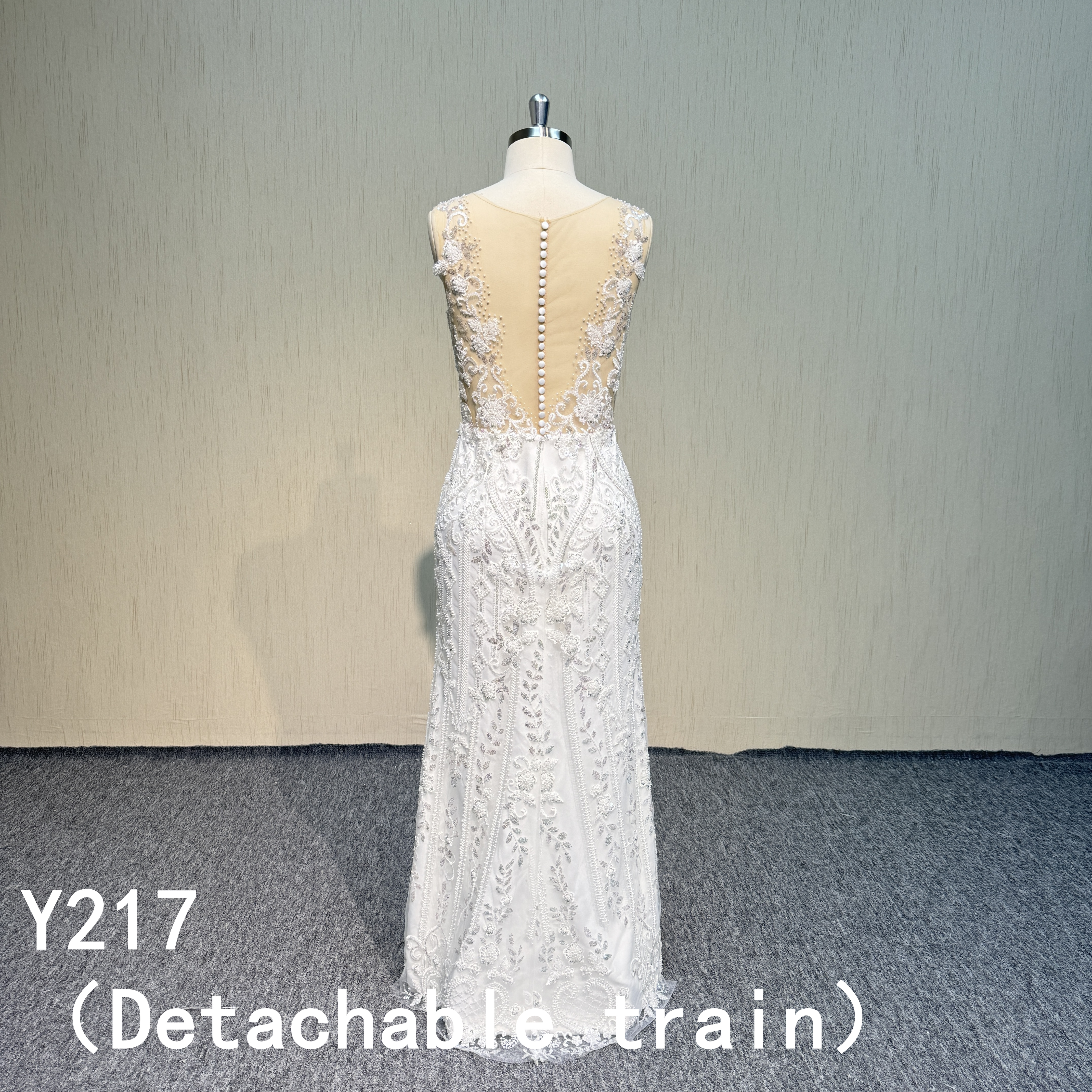 Y217 Beading Lace  V-neck A-line bridal dress with detachable train