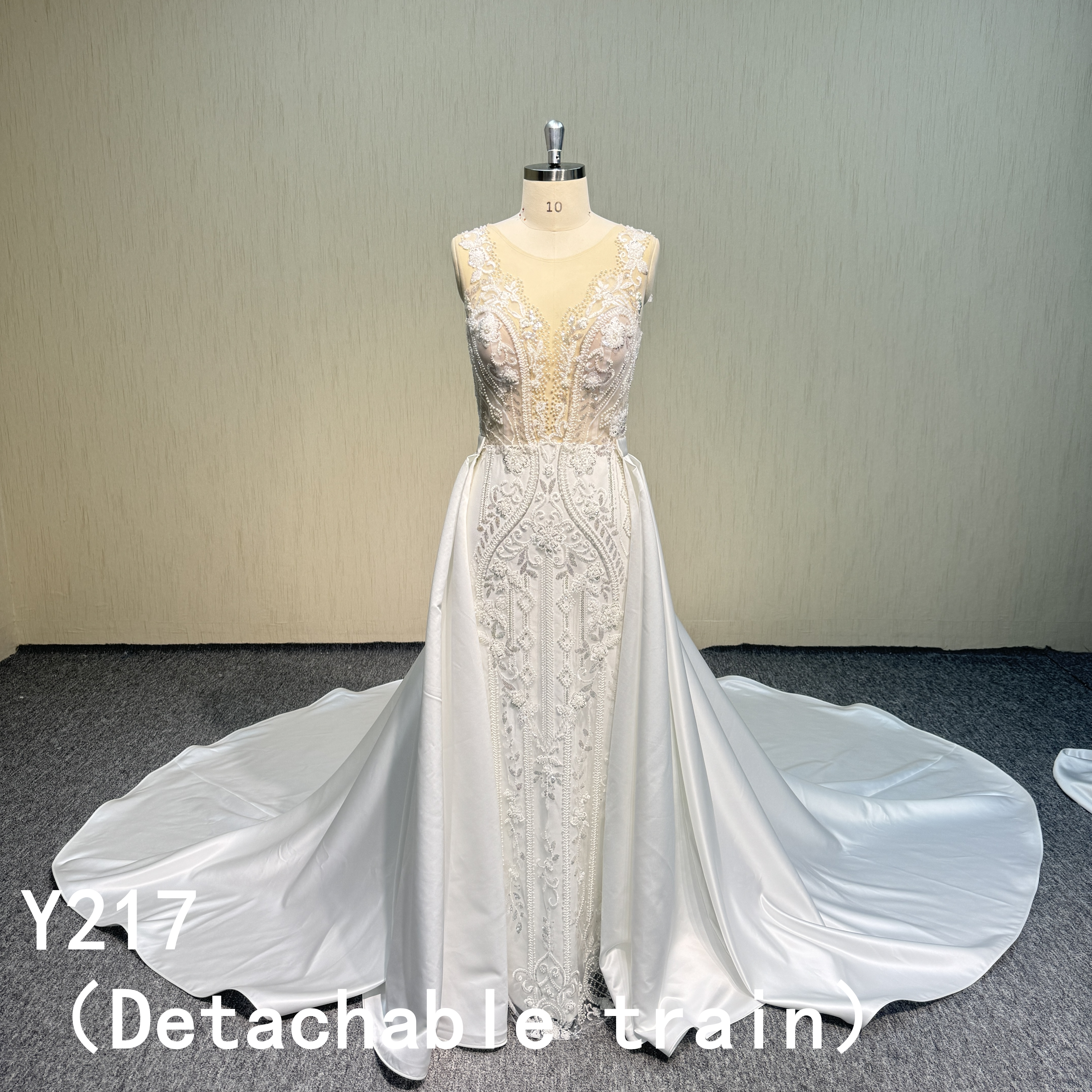 Y217 Beading Lace  V-neck A-line bridal dress with detachable train
