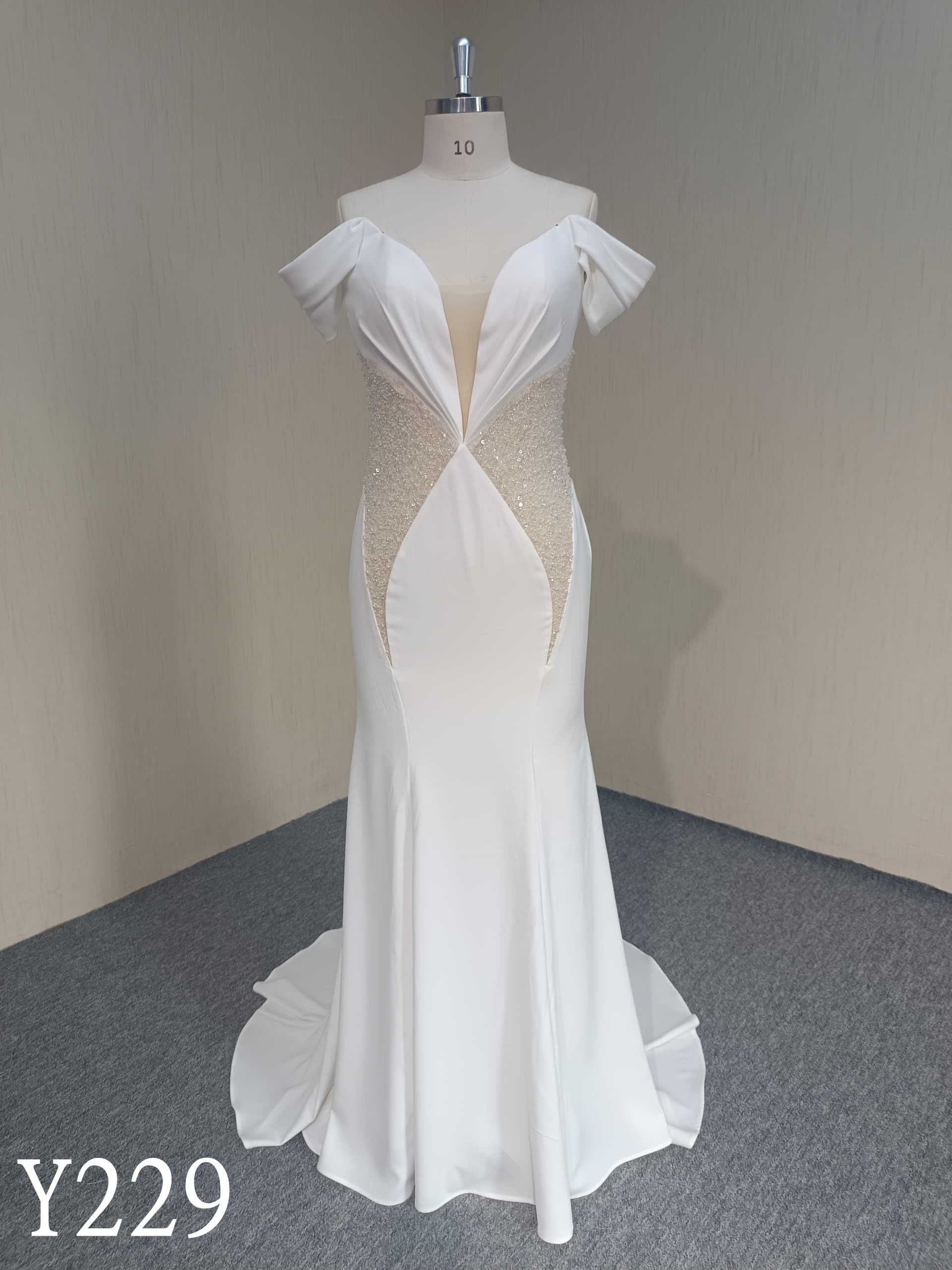 Y229 Elegant Design Chiffon Satin with Beaded Lace Mermaid Dress for Woman made in China