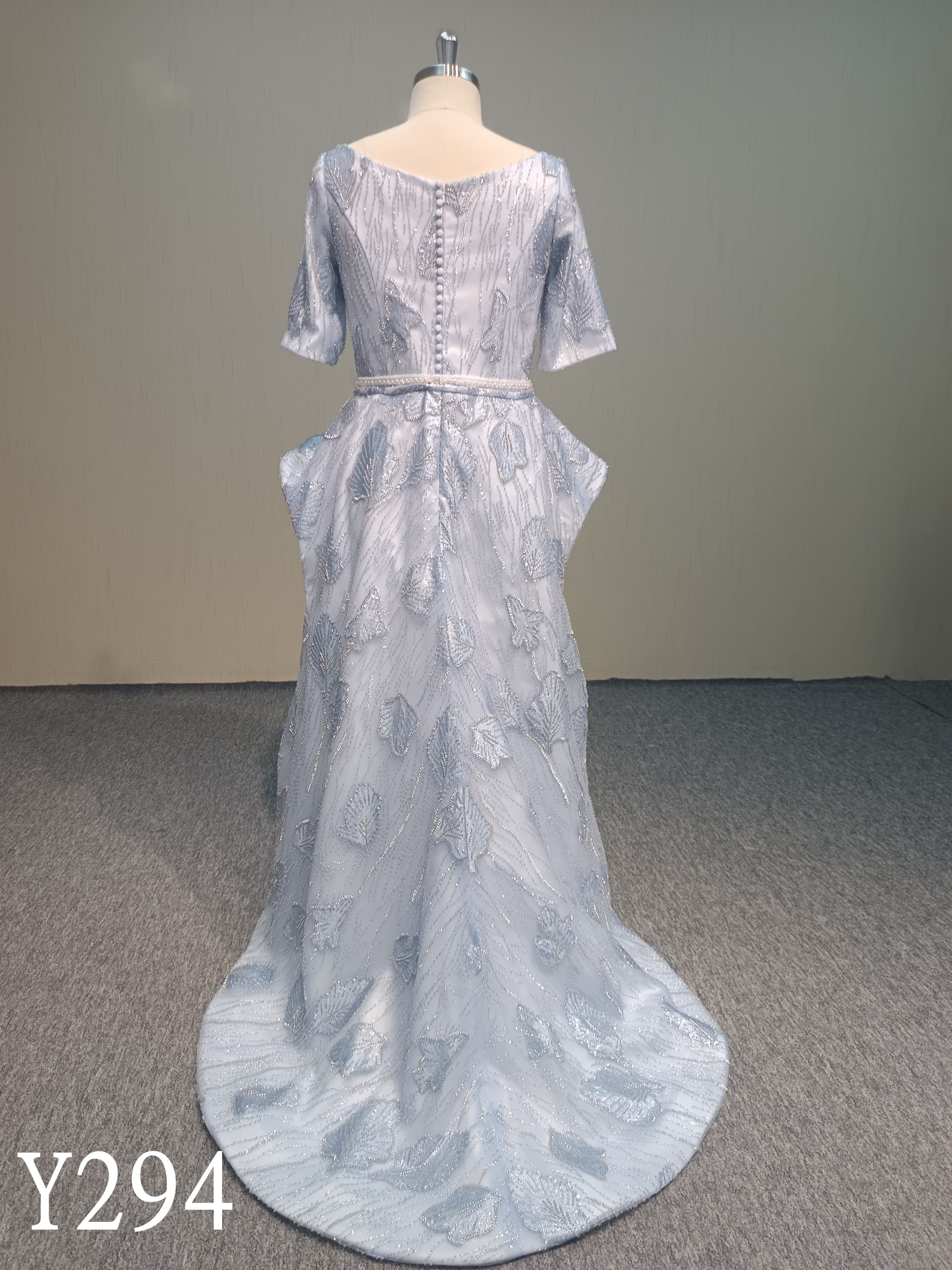 Y294 Light blue beading lace mermaid  evening dress with detachable belt