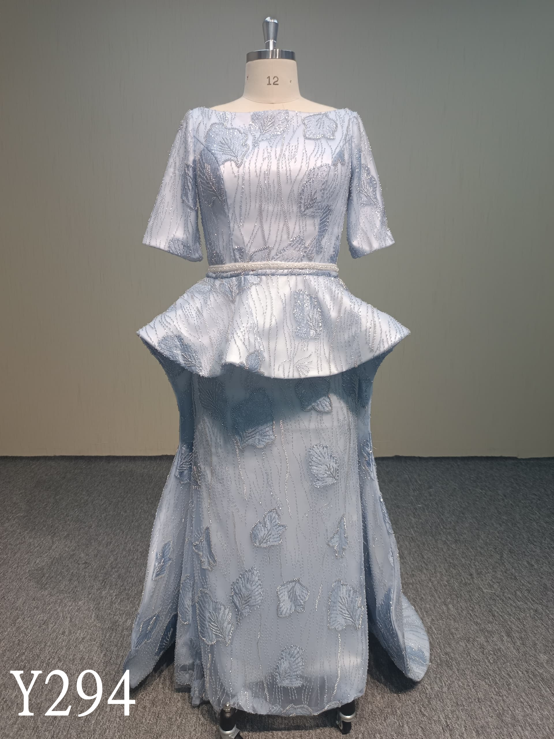 Y294 Light blue beading lace mermaid  evening dress with detachable belt