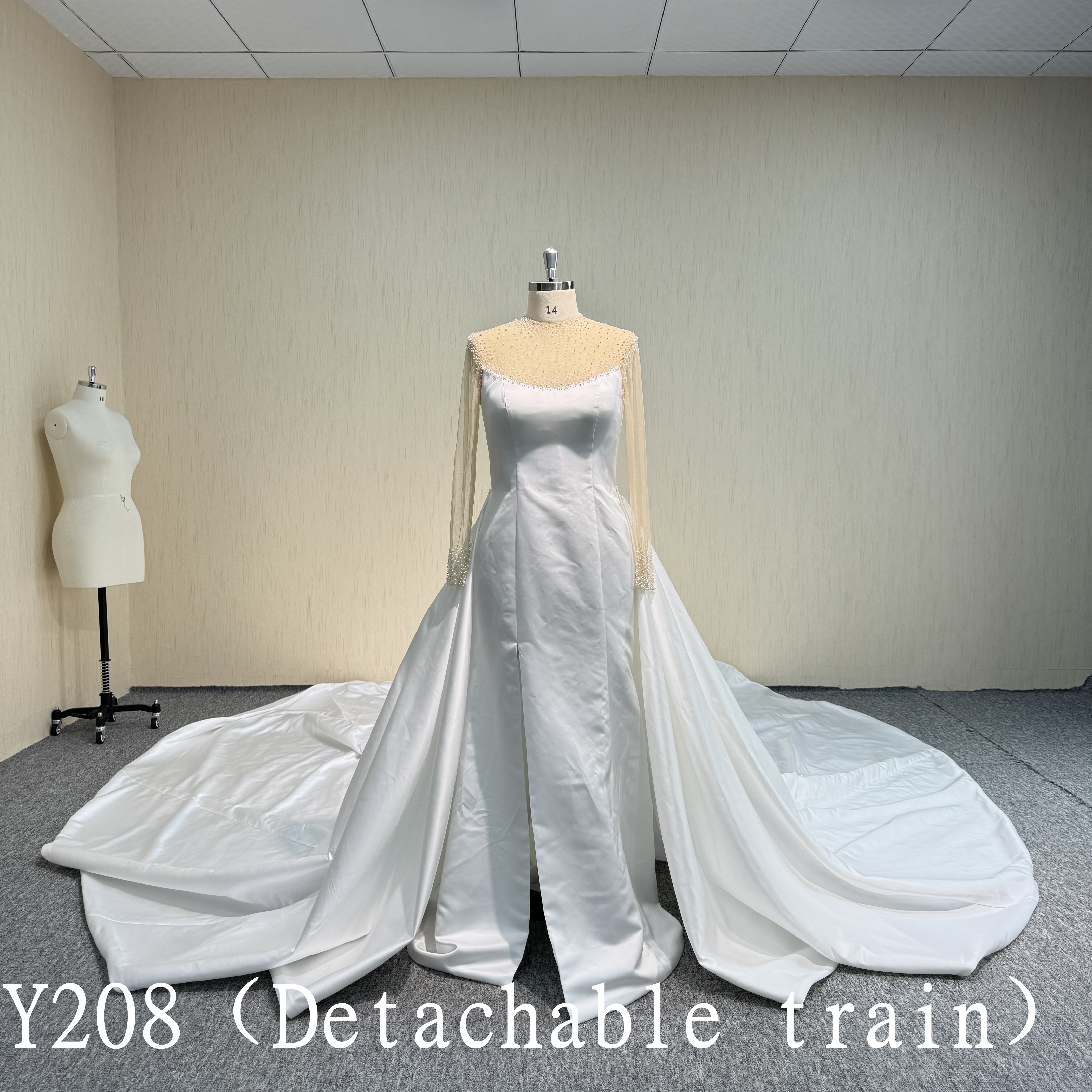 Y208 Longsleeve Satin High Neck  Ball Gown  with Hand Beading  Made in China