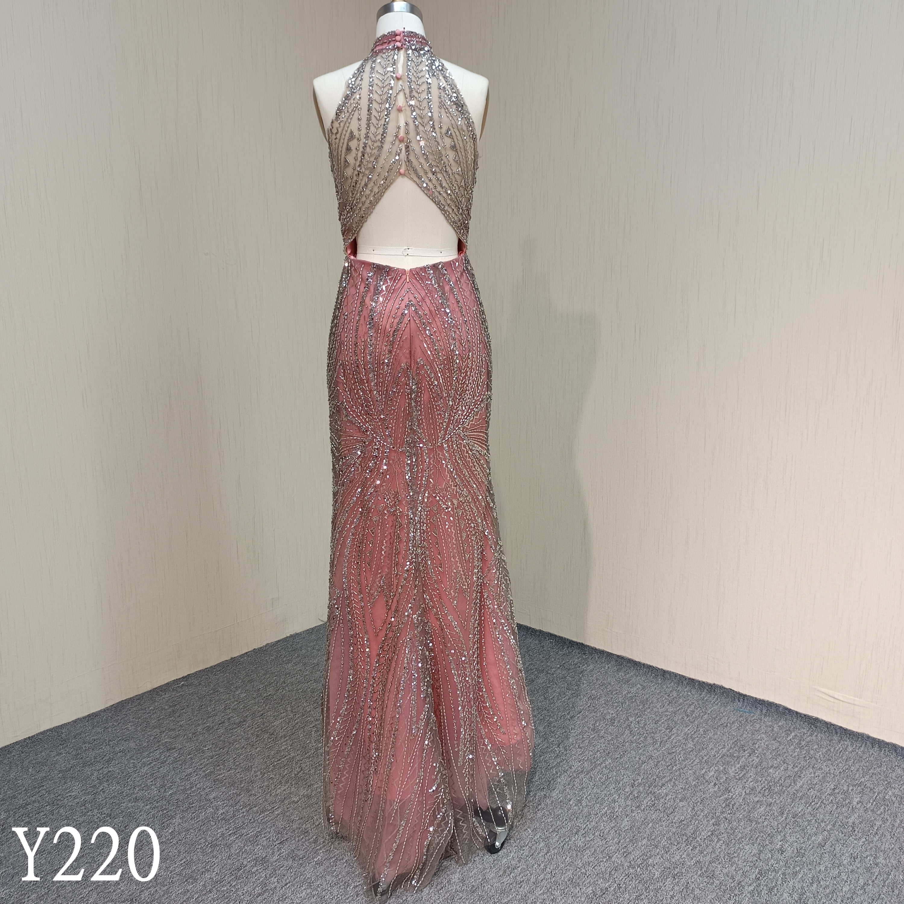 Y220 Pink Beading Lace Elegant Mermaid with Illusion Back Evening Dress for woman