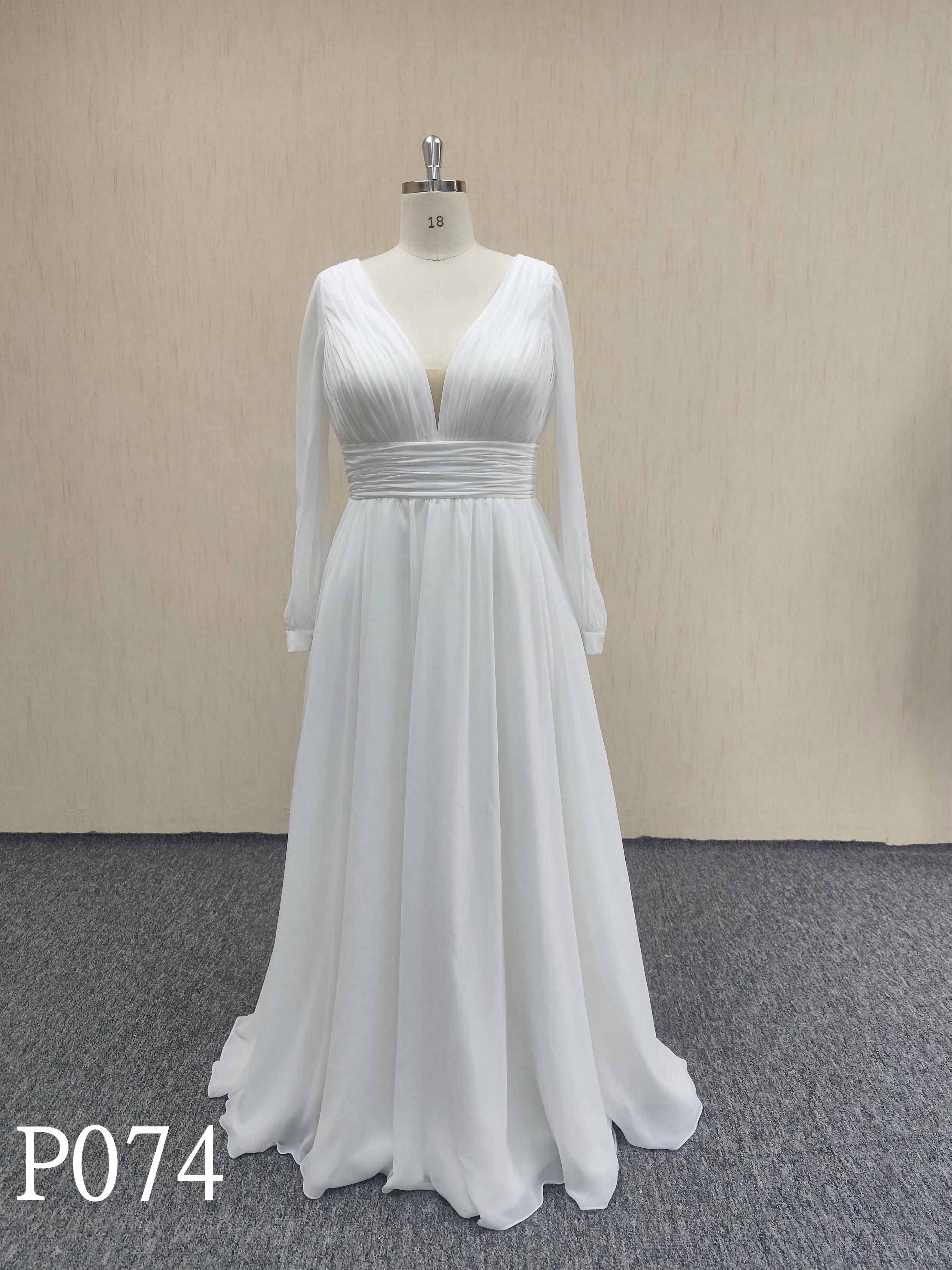 P074 Long sleeves v-neck  dress bridal  with Chiffon made in China.